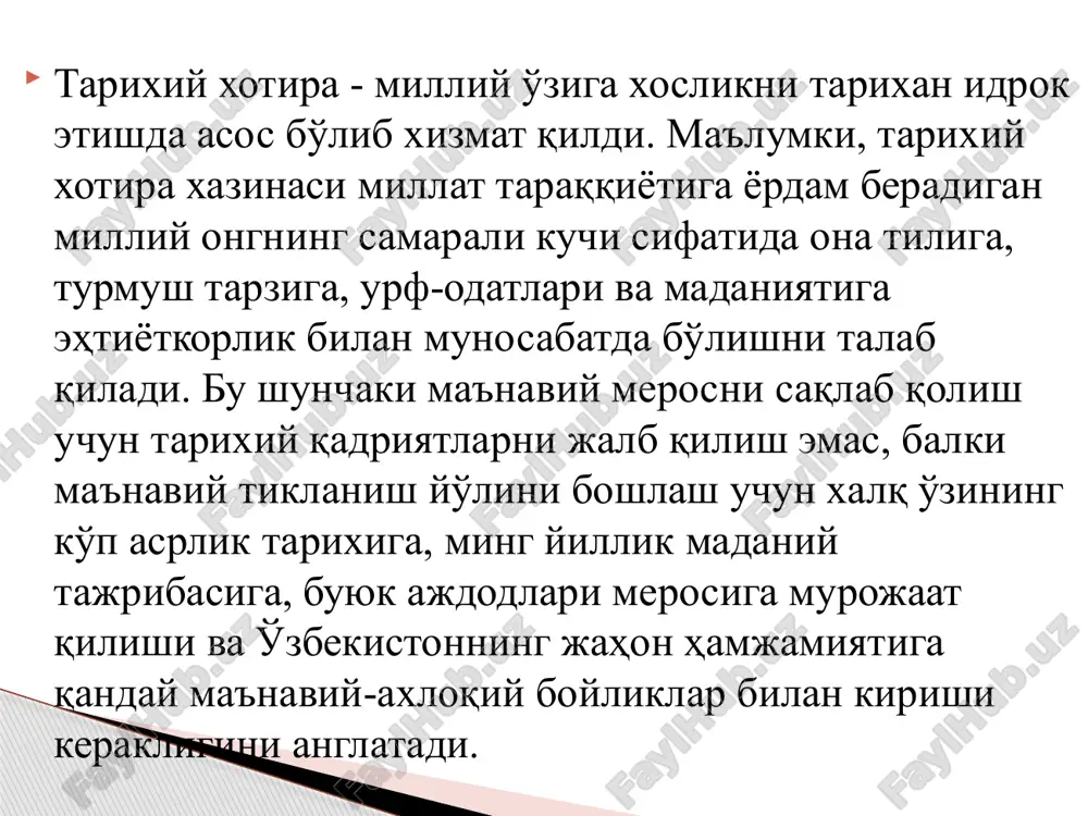 ernizatsiya qilish boshlandi. bu davrning asosiy vazifasi kuchli davlatdan kuchli fuqarolik jamiyatiga bosqichma-bosqich o'tish edi. shu negizda siyosiy va iqtisodiy hayotning barcha jabhalarini demokratlashtirish va liberallashtirish, davlat va jamiyat qurilishi, inson huquqlari va erkinliklarini himoya qiladigan, fuqarolarning siyosiy va iqtisodiy faolligini oshiradigan, fuqarolik jamiyati asoslarini shakllantiradigan mustaqil sud tizimini mustahkamlash jarayonlari davom etdi. uchinchi bosqich bu bosqichda mamlakatimizda demokratik islohotlarni yanada chuqurlashtirish va modernizatsiya qilish jarayoni davom etdi. ushbu bosqich davlat hokimiyati va boshqaruvini yanada demokratlashtirish, sud-huquq tizimini, axborot sohasini isloh qilish, so'z erkinligini ta'minlash, saylov qonunchiligini rivojlantirish, demokratik bozor islohotlarini chuqurlashtirish va iqtisodiyotni liberallashtirish bo'yicha islohotlarning huquqiy asoslarini yaratish bilan tavsiflanadi. to'rtinchi bosqich-2010-2016 o'zbekistonning zamonaviy tarixining beshinchi bosqichi 2017 yildan boshlandi. o'zbekiston prezidenti sh.m.mirziyoev tashabbusi bilan 2017-2021 yillarda o'zbekistonni yanada rivojlantirish bo'yicha harakatlar strategiyasining yangi kontsepsiyasi ishlab chiqildi. ushbu tarixiy hujjat mustaqillikni qo'lga kiritilganidan boshlab, mamlakatni demokratik yangilash va rivojlantirish bo'yicha keng ko'lamli islohotlarni rivojlantirishni aks ettiradi, unda davlat …