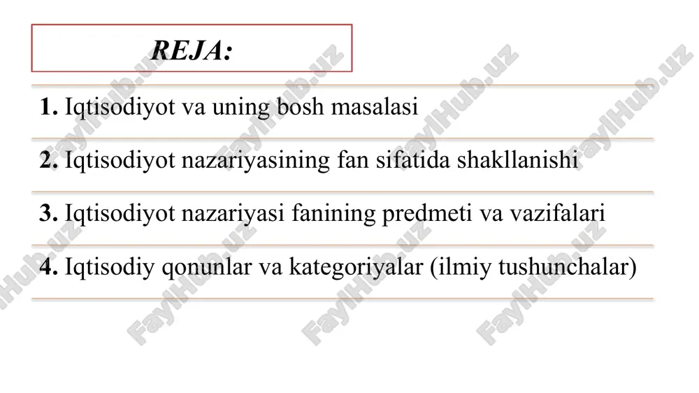 un zarur bo‘lgan hayotiy ne’matlarni yaratish jarayoni. taqsimot - ishlab chiqarish omillari va uning natijalarini iqtisodiyotning turli qism va subyektlari o‘rtasida taqsimlash jarayoni. ayirboshlash - jamiyat a’zolarining iqtisodiy faoliyat turlari yoki ishlab chiqarish natijalari bo‘yicha ma’lum bir o‘lcham (masalan, qiymat miqdori) asosida o‘zaro almashish jarayoni. iste’mol - ehtiyojlarni qondirish maqsadida mahsulot va xizmatlarning ishlatilishi, foydalanilishi jarayoni. ishlab chiqarish (unumli) iste’moli iste’mol ikki turda bo‘ladi: shaxsiy iste’mol. insonning yashashi va kamol topishi, umuman insoniyatning rivojlanishi uchun kerak bo‘lgan hayotiy vositalarga bo‘lgan zarurati iqtisodiyot nazariyasi fanida ehtiyoj deb ataladi. moddiy ehtiyojlar - bu moddiy ko‘rinishdagi ne’matlar vositasida qondiriluvchi zaruratdir. ma’naviy ehtiyojlar - bu insonning shaxs sifatida kamol topishi, dunyoqarashi va ma’naviyatining shakllanishi uchun taqozo etiladigan nomoddiy ne’mat va xizmatlarga bo‘lgan zaruratdir ehtiyojlar ob’yektga ko‘ra moddiy va ma’naviy ehtiyojlarga bo‘linadi ehtiyojlarni iste’mol qilish tavsifiga ko‘ra shaxsiy va ishlab chiqarish ehtiyojlariga ajratish mumkin shaxsiy ehtiyojlar – kishilarning pirovard iste’moli uchun mo‘ljallangan mahsulot va xizmatlarga …