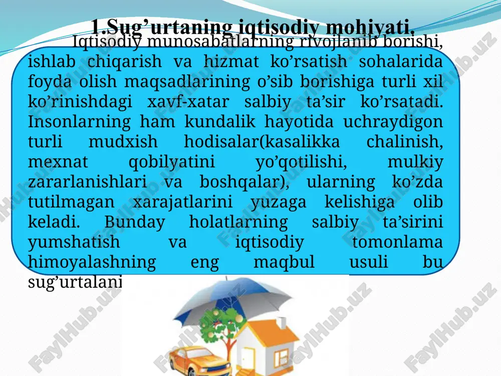 ldi. sug’urta mukofoti 20 000 so’m sug’urta kompaniyasi sodir bo’lgan sug’urta hodisasi uchun 10 000 000 so’m to’ladi. sug’urta tashkiloti 3. sug’urtaning iqtisodiy kategoriya sifatida asoslanish tamoilllari. tabiiy va boshqa stixiyali hodisalar sodir bo‘lishi natijasida keltirilgan zararlarni qoplash uchun sug‘urta fondlari tashkil etiladi. sug‘urta fondlari tashkil etish manbasiga va foydalanish yo‘nalishiga qarab, uch ko‘rinishda bo‘ladi: o‘z-o‘zini sug‘urtalash fondlari davlatning markazlashgan sug‘urta fondlari sug‘urta yo‘li bilan tashkil etiladigan sug‘urta fondlari sug'urta munosabatlaridagi atamalar sug'urta munosabatlaridagi atamalar sug'urta munosabatlaridagi atamalar sug'urta munosabatlaridagi atamalar sug'urta munosabatlaridagi atamalar sug'urta munosabatlaridagi atamalar sug‘urta fondidan foydalanish bilan bog‘liq atamalarga quyidagilar kiradi: bosh polis- sug‘urta kompaniyasi va sug‘urtalanuvchi o‘rtasidagi yozma bitim. bu bitimga muvofiq, tegishli davr mobaynida sug‘urtalanuvchi barcha ob’ektlarni sug‘urta kompaniyasiga sug‘urtalash uchun beradi. kvotali qayta sug‘urtalash - sug‘urta kompaniyasi qayta sug‘urtalovchi kompaniya bilan kelishgan holda unga risklarni bir qismini beradi. bu operatsiya kvota shartnomasi orqali rasmiylashtiriladi. vositachilik haqi - mijozlarni sug‘urtaga tortganligi uchun sug‘urta kompaniyasi …