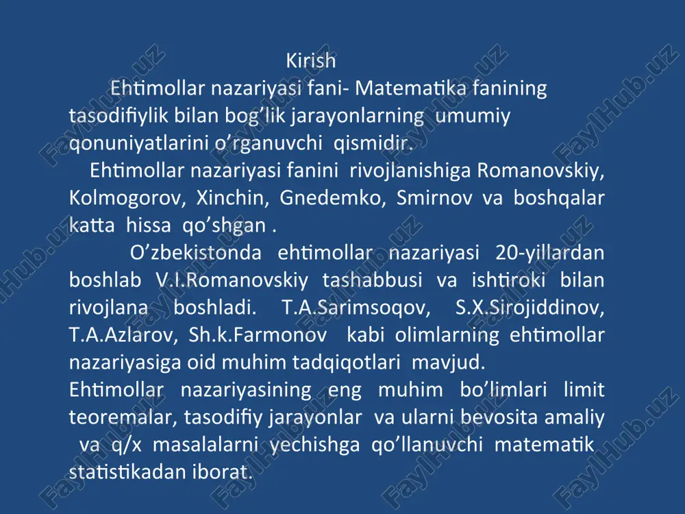 ki unib chiqmaslik hodisalaridan biri ro‘y beradi. bu erda chigitni ekish tajriba, uni unib chiqish yoki unib chiqmasligi hodisadir. hodisalar uch xil bo‘ladi: muqarrar, mumkin bo‘lmagan, tasodifiy hodisalar 2.hodisa va uning turlari. muayyan shart-sharoitda har bir tajribada ro‘y berishi ham, ro‘y bermasligi ham mumkin bo‘lgan hodisa tasodifiy hodisa deyiladi. tasodifiy hodisalar a, b, c, d, ... bosh harflar bilan belgilanadi. xususan, o’zaro qarama-qarshi: 3) tasodifiy hodisalar = u agar har bir sinashda a1, a2, ..., an hodisalardan kamida bittasi ro‘y bersa, ya’ni a1+a2+…..+an=u bo‘lsa, u holda bu hodisalar, hodisalarining to‘la gruppasini tashkil etadi. agar bu hodisalar bir-xil ro’y berish shansiga ega bo’lsa teng imkoniyatli hodisalar bo’ladi. muqarrar bo’lmagan hodisa deb biror shartlar kompleksi bajarilganda hech ham sodir bo’laydigan hodisaga aytiladi. tasodifiy hodisa deb biror shartlar kompleksi bajarilganda ro’y berishi ham ro’y bermasligi ham mumkin bo’lgan hodisaga aytiladi. ehtimollar nazariyasi - berilgan tasodifiy hodisalarning ehtimollariga ko’ra boshqa ular bilan qandaydir bog’langan …