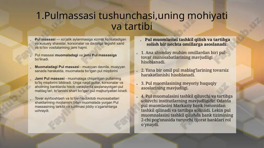 anligini ko`rsatuvchi son. pulning xarid qobiliyati- aniq pul birligining bozordagi tarif va narxlar darajasi sharoitida ma’lum miqdordagi tovar va xizmadarga almashinuv qobiliyati. pul massasi- yuridik va jismoniy shaxslarga hamda davlatga tegishli bo`lgan naqd va naqdsiz ko`rinishdagi pul mablag’larining yig’indisidir. pul multiplikatori-muomaladagi pul massasini qay darajada o`sib yoki kamayib borayotganini ko`rsatadi. pm – pul multiplikatori pul bazasiga quyidagilar kiradi: 1.markaziy bank tomonidan muomalaga chiqarilgan naqd pullar 2.tijorat banklari tomonidan markaziy bank foydasiga qilingan majburiy zaxira ajratmalari. markaziy banklar tijorat banklari jalb qilgan resurslarning bir qismini majburiy tartibda olib qo`yadi. o`zbekistonda tijorat 71 banklarining majburiy zaxira ajratmalari summasini markaziy bank ularning balansidan olib qo`yadi. aqshda va evropada majburiy zaxira ajratmalari summasi tijorat banklarining balansida qoladi. pul agregatlari va ularning tarkibi pul agregatlari - iqtisodiyotda mavjud bo'lgan pul miqdorini o'lchash uchun ishlatiladigan ko'rsatkichlardir. ular pulning likvidlilik darajasiga qarab bir necha toifalarga bo'linadi. pul agregatlari har bir toifa ichidagi aktivlarning qanchalik tez va oson …