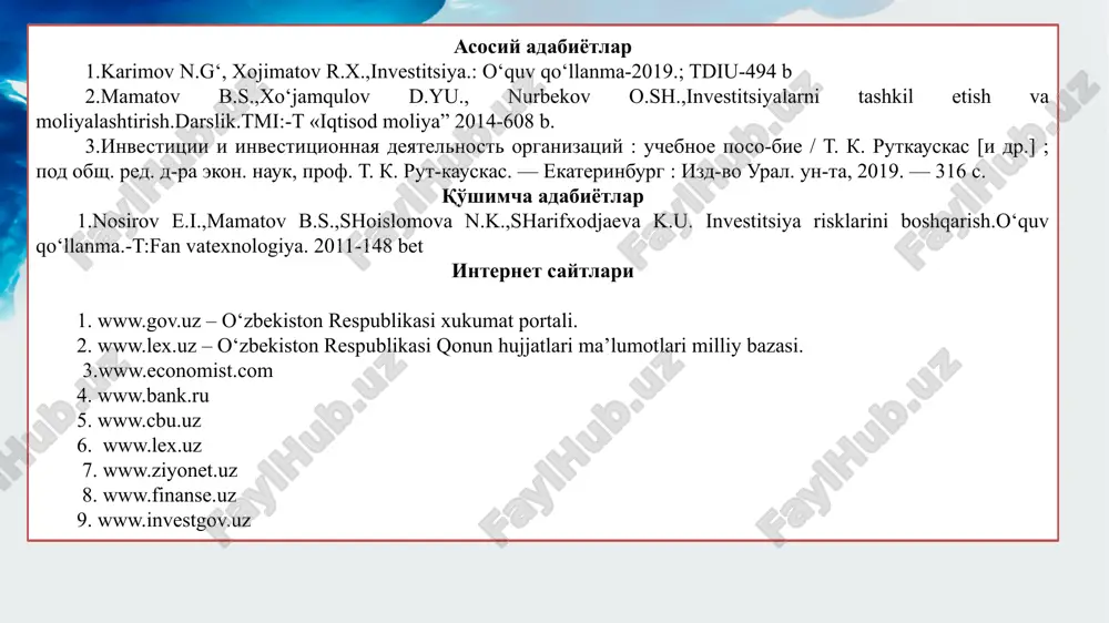 da oʻstirib borishdir. iqtisodiy mazmuni jihatdan investitsiya turli faoliyatlarga safarbar etilgan moddiy, nomoddiy boyliklar va ularga boʻlgan huquqlarni aks ettiradi. investitsiya sifatida pul, qimmatli qogʻozlar (aksiya, obligatsiya, sertifikat, veksel), yer, bino, inshoot kabi boyliklar, intellektual mulk boʻlgan ilmiy kashfiyotlar, ixtirolar va b. ishlatiladi. investitsiya loyihalariga mablagʻ qoʻyuvchilar — investorlar davlat, kompaniya, korxona, chet ellik fuqarolar, aholi va boshqalar boʻlishi mumkin. uning quyidagi turlari mavjud: davlat investitsiyasi — davlat byudjeti va moliya manbalari hisobidan kiritiladi; chet el investitsiyasi — xorijiy davlatlar, banklar, kompaniyalar, tadbirkorlar tomonidan kiritiladi; xususiy investitsiya — xususiy, korporativ xoʻjalik va tashkilotlar, fuqarolar mablagʻlari, shu jumladan, shaxsiy va jalb qilingan mablagʻlar hisobidan qoʻyiladi. investitsiya qoʻyilish shakliga qarab moliyaviy (portfel) va real (ishlab chiqarish) investitsiyaga boʻlinadi. moliyaviy (portfel) investitsiya — aksiya, obligatsiya va b. qimmatli qogʻozlarni sotib olishga qoʻyiladigan investitsiya, ; real investitsiya — moddiy ishlab chiqarish (sanoat, qishloq xoʻjaligi, qurilish va b.) sohasiga, moddiy-ashyoviy faoliyat turlariga uzoq, muddatli mablagʻlar …