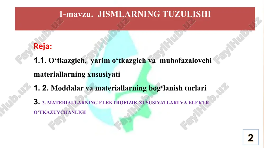 nit oqimini hosil qilish uchun ishlatiladi. magnit materiallar temir va uning nikel, kobalt va shunga o‘xshash materiallar bilan birikishi natijasida vujudga kelib, qattiq yoki yumshoq magnitlar hosil qilishda ishlatiladi. so‘nggi paytlarda elektrotexnika va radiotexnikada aktiv boshqariladigan dielektriklar atamasi bilan dielektrik materiallarga keng o‘rin berilgan. ulardan faqat passiv elektr muhofazalovchi material sifatida emas, balki har xil texnik qurilmalarda sun’iy boshqariladigan va xususiyatini tashqi muhit ta’sirida o‘zgartiradigan material sifatida ishlatiladi. aktiv dielektriklarga: segnetoelektriklar pezoelektriklar elektretlar va suyuq kristallar mansubdir. segnetoelektriklarning dielektrik singdiruvchanligi elektr maydonning kuchlanganligiga va haroratga bog‘liq bo‘ladi. pezoelektriklarda mexanik kuchlanish ta’sirida elektr zaryadini qabul qilish hodisasi ro‘y beradi, tashqi elektr maydon ta’sir etganda esa deformatsiyalanadi (buziladi, sinadi). elektrik materiallarda o‘rab turgan tashqi maydon ta’sirida kuchli elektro-statik maydonning vujudga kelishi natijasida elektr zaryadini uzoq muddatgacha saqlash qobiliyatini e’tiborga olgan holda doimiy magnitlarning ayniyligi sifatida qarash mumkin. bizga ma’lum bo‘lgan barcha gazsimon, suyuq va qattiq jismlar molekulalardan, atomlardan hamda atomning yadrosida joylashgan …
