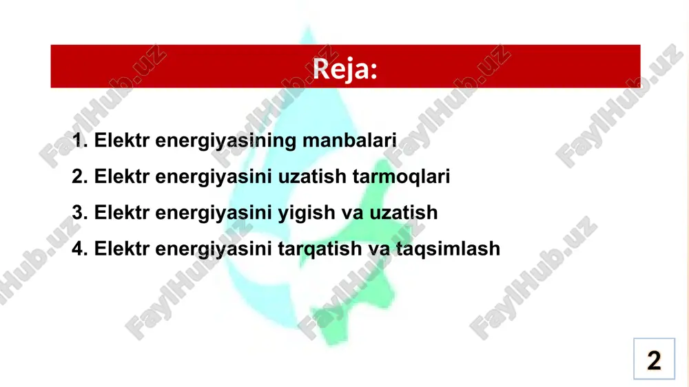 da. elektr ta’minoni 7 gidro elektr stansiyalar (ges) respublikamizdagi 46 ta ges mavjud bolib ular , ikki turga dolinadi: suv to‘g‘onili – chorvoq, xojakent kabilar. oqar suvli – chirchiq, toshkent, borijar kabilar. elektr ta’minoni 8 respublikamizdagi yirik ges lar elektr ta’minoni № nomlanishi quvvati, mvt manzili, viloyat daryo 1 chorvoq gesi 666 toshkent chirchiq 2 xo‘jakent 165 toshkent chirchiq 3 tuyamo‘yun 150 xorazim amudaryo 4 andijon 140 andijon qoradaryo 5 farxod 126 sirdaryo sirdaryo 6 gazalkent 120 toshkent chirchiq 9 respublikamizda yangidan qyrilgan ges lar elektr ta’minoni № nomlanishi quvvati, mvt manzili, viloyat daryo 1 pskom gesi 404 toshkent pskom 2 quyi chotqol gesi 76 toshkent chotqol 3 zarchob - 2 gesi 38,2 surxandaryo to‘palang 4 zarchob - 1 gesi 37,4 surxandaryo to‘palang 5 qamchiq gesi 26,5 namangan ohangaron 6 sardoba gesi 10,7 sirdaryo sardoba suv ombori 7 kamolot gesi 8,16 toshkent chirchiq kanali 10 chorvoq ges lar kaskadi elektr …