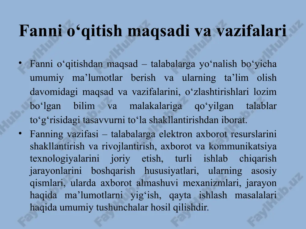 rkazlari” va ulardan foydalanish; internetdan karakli ma’lumotni qidirib topish; yo‘nalishga oid berilgan mavzular bo‘yicha umumlashtirilgan ma’lumotlar va referatlar tayyorlay olish va ularni taqdim etish ko‘nikmasiga ega bo‘lishi kerak. 60711600 – intellektual muxandislik tizimlari bakalavriat ta’lim yo‘nalishi – fan va texnika sohasidagi yơnalish bơlib, sanoat ishlab chikarishida qơllanadigan muhandislik tizimlari, texnologik agregatlar va qurilmalarni boshqarishda intellektual vositalardan foydalanish, korxonalardagi texnologik jarayonlarni boshqarishni intellektuallashtirish va avtomatlashtirish, muhandislik tizimlaridagi jarayonlar nazari sini ơzlashtirish va tadqiq qilish, intellektual muhandislik tizimlarini loyihalash, ularga texnik xizmat kơrsatish va ularni diagnostika qilish, sinash va kspluatasi qilish hamda ularda qơllaniladigan axborot-dasturiy vositalardan samarali foydalanish bilan boğliq kompleks masalalar majmuasini qamrab oladi. 60711600 – intellektual muxandislik tizimlari ta’lim yo‘nalishi bo‘yicha bakalavrlar kasbiy faoliyatlarining ob’ektlari: ishlab chiqarish sohalarida boshqarish jarayonlarini intellektuallashga oid muammolar, intellektual muhandislik tizimlariga tegishli dasturlar, ularning matematik, axborot va algoritmik-dasturiy ta'minoti, ishlab chiqarishning intellektual muhandislik tizimlari, sanoat ishlab chiqarishida axborotni qayta ishlash, intellektuallashtirilgan tizimlarning dasturiy ta'minoti, dasturiy …