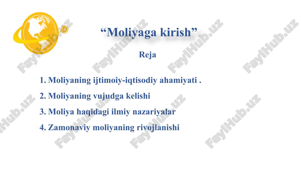 osabatlari; byudjet tizimiga soliqlarni to'lash va xarajatlarni byudjetdan moliyalashtirish davomida korxona va davlat o'rtasida vujudga keladigan pul munosabatlari; soliqlar va boshqa ixtiyoriy to'lovlarni to'lash jarayonida davlat va fuqarolar o'rtasida vujudga keladigan pul munosabatlari; moliya quyidagilar o'rtasida vujudga keladigan pul munosabatlarini ifodalaydi: to'lovlarni amalga oshirish va resurslarni olish jarayonida korxonalar, fuqarolar va nobyudjet fondlari o'rtasida vujudga keladigan pul munosabatlari; byudjet tizimining alohida bo'g'inlari o'rtasida vujudgakeladigan pul munosabatlari; sug'urta badallarini to'lash va zararlarni qoplash, sug'urta hodisasi ro'y bergan paytda aholi, korxonalar hamda mulkiy va shaxsiy sug'urta organlari o'rtasida vujudga keladigan pul munosabatlari; korxona fondlarining doimiy doiraviy aylanishiga xizmat qiluvchi pul munosabatlari. moliyaning funksiyalari: taqsimlash nazorat shaxsiy moliya (personal finance) korporativ moliya (corparate finance) davlat moliyasi (public finance) moliyaning sohalari shaxsiy moliya daromadlar xarajatlar jamg’armalar investitsiyalar himoyalanish (sug’urtalanish) shaxsiy moliya shaxsiy moliya - bu daromad olish, sarflash, moliyaviy mablag’larni tejash, investitsiya qilish va moliyaviy mablag’larni himoya qilish kabi shaxsiy moliyaviy faoliyatni rejalashtirish va …