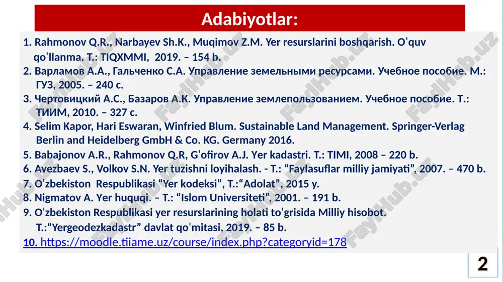 kin bo'lgan yerlar kiradi. tabiiy resuralar 6 tabiiy resurslar – tabiiy boyliklar, jamiyatning moddiy va ma’naviy ehtiyojlarini qondirish maqsadlarida jamiyatda foydalaniladigan hamda insoniyatning yashashi uchun zarur bo'lgan, uni o'rab turgan tabiiy muhitning barcha tabiat komponentlari, energiya manbalari. tabiiy resurslarga yer, suv, tuproq, quyosh energiyasi, yerning ichki issiqligi, mineral boyliklar, o'simlik va hayvonot dunyosi kiradi. tabiatdan foydalanish 7 tabiatdan foydalanish tizimi yerdan foydalanish atmosfera (iqlim) manbalaridan foydalanish foydali qazilmalardan foydalanish suvdan foydalanish o'rmondan foydalanish o'simlik dunyosidan foydalanish hayvonot dunyosidan foydalanish ishlab chiqarish jarayoni va insoniyatning barqarorligi yer va undan foydalanish bilan chambarchas bog'liq. shuning uchun ham yerni asrash va undan oqilona foydalanish insoniyat oldida turgan eng asosiy vazifalardan biri hisoblanadi. yerdan foydalanish – bu ijtimoiy-iqtisodiy jarayon bo'lib, jamiyat va tabiat komplekslari rivojlanish qonuniyatlari bilan bog’liq yer resurslaridan foydalanish jarayonidir. yerdan foydalanish jamiyatda yer resurslaridan foydalanishning uzluksizligi, ko'p maqsadliligi, davriyligi kabi usullar majmuasi hamda ushbu jarayonni boshqarishni o'z ichiga oladi. 8 yerdan …