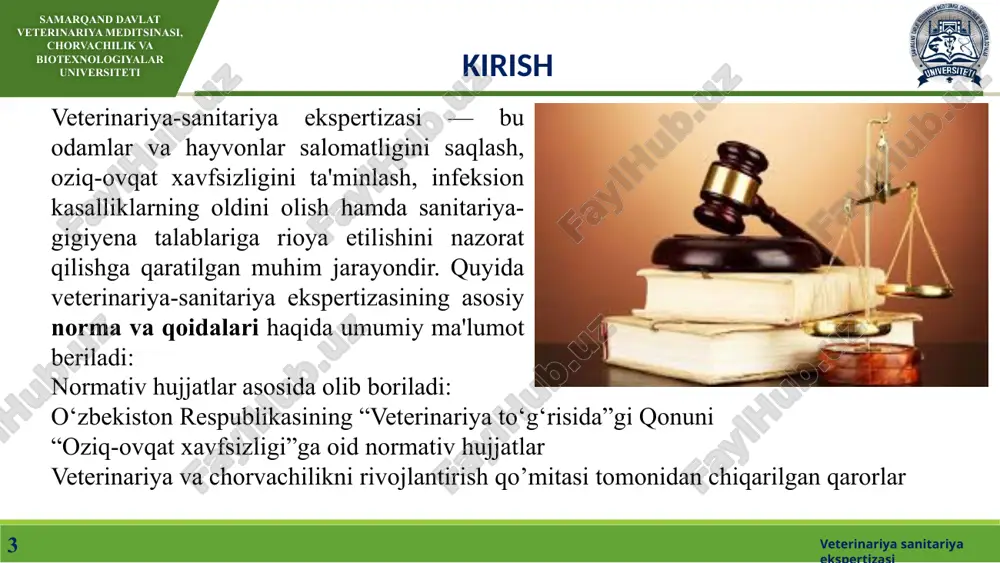 rishni ta’minlash; 2. aholini antropozoonoz kasalliklardan himoyalash maqsadida chorva mollari va mahsulotlarining sog‘lomligiga erishib, ijtimoiy muammoni hal etish. bu muammoni amalga oshirishda sanitariya-epidemiologik stansiyasi xodimlari bilan hamkorlikda ish olib boradilar. samarqand davlat veterinariya meditsinasi, chorvachilik va biotexnologiyalar universiteti veterinariya sanitariya ekspertizasi 7 veterinariya-sanitariya nazoratining maqsadlari: 1. veterinariya-sanitariya qoidalarining buzilishini oldini olish; 2. qoida buzilish oqibatlarini tugatish; 3. sifatli va sog‘lom mahsulot ishlab chiqarilishini ta’minlash. veterinariya-sanitariya nazoratining turlari: veterinariya-sanitariya nazoratini barcha davlat veterinariya tashkilotlari hamda chorvachilik xo‘jaliklari va hissadorlik jamiyatlari mutaxassislari amalga oshiradilar. shuningdek maxsus veterinariya-sanitariya nazorati muassasalari ham mavjud: a) veterinariya-sanitariya ekspertiza laboratoriyalari; b) transport veterinariya-sanitariya uchastkalari; v) chegara veterinariya-sanitariya nazorati punktlari; g) terini kuydirgi kasalligiga tekshirish laboratorilari va boshqa tegishli tashkilotlar shug‘ullanadi. ularning barchasi o‘zbekiston respublikasi “veterinariya to‘g‘risida”gi qonunning tegishli moddalaridagi qoidalariga rioya qiladilar. davlat veterinariya tarmog‘ida ishlovchi mutaxassislar veterinariya inspektorlari hisoblanadi va davlat veterinariya-sanitariya nazoratini amalga oshiradilar. ishlab chiqarish veterinariya nazorati - xo‘jalik va korxonalardagi idoraviy va xususiy …