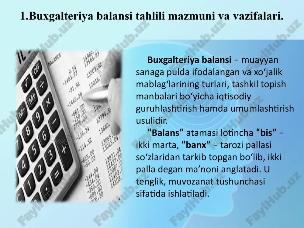 z sarmoyasidagi zaxiralar mohiyati va maqsadlari bayoni. s) majburiyatlarda dividendlarni to‘lash uchun ajratilgan pul miqdorining mavjudligi haqidagi axborotlar ochib berilishi zarur. xo‘jalik yurituvchi subyekt o‘z sarmoyasidagi o‘zgarishlarni aniq aks ettirishi yuzasidan buxgalteriya balansiga izohlar, hisob-kitoblar va tushuntirishlarda‚ shuningdek: - davr boshida va hisobot sanasida to‘plangan foyda yoki zararlarning qoldig‘i hamda shu davrda yuz bergan muhim o‘zgarishlar, jumladan aksiyadorlar (muassislar, ishtirokchilar) har bir toifasiga shu davr uchun taqsimlanadigan sof foyda haqidagi; - o‘z sarmoyasi har bir toifasi joriy miqdordagi hamda davrning boshlari va oxirida zaxiradagi o‘zgarishlarning umumiy miqdori haqidagi axborotlarni ochib berishi lozim. buxgalteriya balansi tahlilining mazmuni – korxonaning mulkiy holati va uning o‘zgarishlariga, aktivlar, kapital va majburiyatlarning tarkibi va o‘zgarishlariga, balans moddalarining likvidlik darajasiga, xo‘jalik yurituvchi sub’ektlarning to‘lov layoqatiga, moliyaviy barqarorligiga, ish aktivligiga, raqobatbardoshligi va iqtisodiy tahlikalarga bardoshligiga baho berishdan iborat. buxgalteriya balansi tahlili oldiga quyidagi vazifalar qo‘yiladi: 2. buxgalteriya balansi va uning tarkibiy tuzilishi: aktivlar, kapital va majburiyatlar. buxgalteriya …