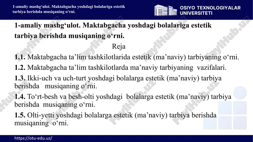i alohida o‘rinni egallaydi. kattalarning ochiq yuz bilan so‘zlashuvlari bolaga ijobiy munosabatda bo‘lishlariga yordam beradi. yoki, aksincha, kattalarning ogohlan-tiruvchi ovozi ularning yuzidagi xursandchilik alomati yoki xo‘mrayib qarashlari, jerkib berishlari bolalarda salbiy munosabatni shakllantiradi. 1-amaliy mashg‘ulot. maktabgacha yoshdagi bolalariga estetik tarbiya berishda musiqaning o‘rni. 4 bola hayotining ikkinchi yilida uning idroki sekin-asta ta­komillashib boradi. bola endi faqat borliq xususiyatlarini emas, shu bilan birga san’at asarlaridagi ayrim estetik ifoda vositalarini idrok eta boshlaydi. bu yoshdagi bolalarda musiqaning quvnoq va g‘amginligiga ularning qattiq va sokin ohangiga, ohista va tezligiga javob ta’siri paydo bo‘ladi. o‘rta guruh bolalarida go‘zallikni idrok etish jarayoni aniq ifodalangan va ta’sirli faol tusda bo‘ladi. bu ayniqsa, qo‘g‘irchoq teatri, kino, multfilm, teatr-larni tomosha qilganlarida namoyon bo‘ladi. bu yoshdan boshlab bolalar tanish bo‘lgan san’at asarlarini yangi asarlar bilan solishtiradilar va ba’zi bir hulosalar chiqaradilar. bolalar ertakni hikoyadan, marshni raqsdan, allani o‘yindan ajrata boshlaydilar. katta guruhning oxirlariga kelganda ular musiqani, badiiy asarlarni diqqat …
