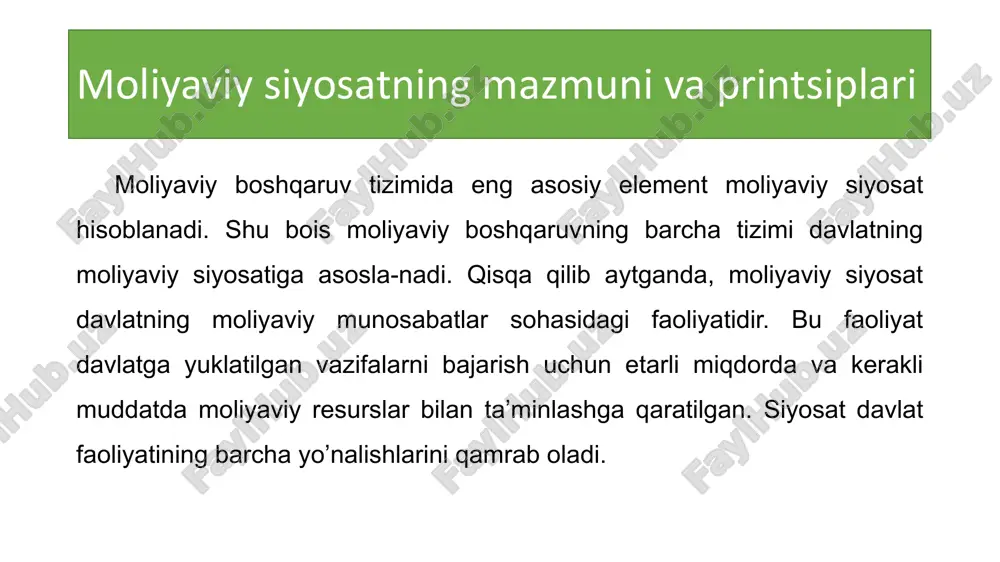 ori natijalarni berishi mumkin. mamlakatimizning mustaqillikka erishishi bizga mustaqil moliyaviy siyosatni yuritishga imkon berdi. qisqa fursatlarda o‘zbekiston moliyaviy siyosatning tamoyillari ishlab chiqildi va u izchillik bilan amaliyotga joriy etila boshlandi. yangi moliyaviy siyosatning asosiy mazmuni shundaki, u davlatning iqtisodiyot tarmoqlarini har taraflama rivojlantirish orqali xalqning yuqori turmush darajasini ta’minlash vazifasiga xizmat qilishga yo’naltirilgan. moliyaviy siyosatning tarkibiy qismlari moliyaviy siyosatning tarkibiy qismlari (yo’nalishlari) quyidagilardan iborat: byudjet siyosati; soliq siyosati; pul siyosati; kredit siyosati; baho siyosati; investitsion siyosat; ijtimoiy moliyaviy siyosat; boj siyosati. moliyaviy siyosat moliyaviy boshqaruvning tarkibiy qismi sifatida boshqaruvning oliy organlariga tegishlidir. mamlakatning sub’yektlari darajasida moliyaviy siyosat borasida qarorlarning qabul qilinish imkoniyatlari cheklangan va mahalliy hokimiyat organlarining funksiyalari unchalik katta emas. ularning bu funksiyalari o’z byudjetlarini shakllantirish va ishlatish hamda mahalliy soliqlarni qabul qilish va ularning mablag’-larini ishlatish masalalari bilan cheklanadi. o’zbekistonning moliyaviy siyosati va uning o’ziga xos xususiyatlari tarixiy taraqqiyotning turli bosqichlarida davlat o’z oldiga qo’ygan vazifalarning mazmuni va …