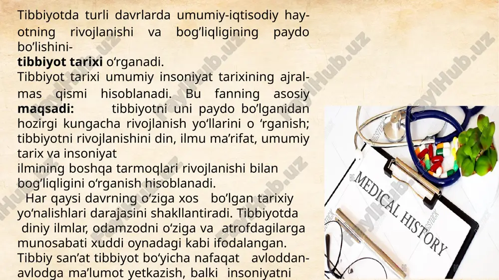 him rol o‘ynadilar. masalan, mikroskopning kashf etilishi yangi dunyoni - mikroorganizm lar dunyosini ochdi. rentgen nurlarining kashf etilishi tashxis usulini takomillashtirdi. bu misollar shuni ko‘rsatadiki, tibbiyotning rivojlanishi haqiqatan ijtimoiy-iqtisodiy va madaniy hayotning deyarli barcha sohalari bilan bog‘liq va ular bilan birga rivojlanadi. tibbiyot tarixini fan sifatida rivojlanishida shartli ravishda uchta davrga ajratish mumkin. birinchi davr -tibbiyot olamida m a’lumotlarni yig‘ish va to‘plash bilan bog’liq. bu gippokrat davridan boshlanib hozirgi vaqtgacha yakunlanmagan eng davomli davr bo’lib , shifokorlik bo‘yicha ma’lumotlarni to‘plash va barcha iqtisodiy yo‘nalishlarda keng ma’noda tibbiy yordamni ko‘rsatish bilan bog’liq. muallifi taniqli qadimiy shifokor gippokrat hisoblangan “gippokrat to ‘plami” tarkibiga “qadimgi tibbiyot ” to‘g ‘risidagi maqola kiradi. buni tibbiyot tarixi bo‘yicha birinchi asar deb hisoblasa bo’ladi. tibbiyot tarixi to‘g ‘risidagi ko‘p asarlar o‘rta asrlarda sharqda paydo bo’ladi. abu hasan al-bayxakiy, ibn al-kiftiy, ibn abu usaybia, abu bakr ibn al-xaliqon kabi olimlar mehnatida abu bakr ar-roziy, abu ali ibn sino, …