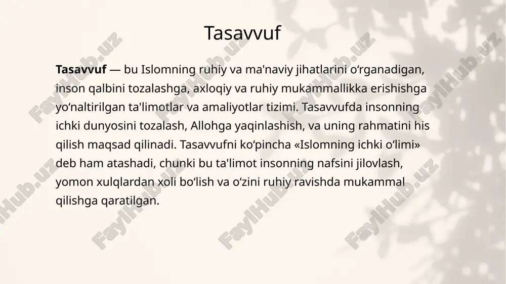 m berdi. tasavvufning asosiy g‘oyalari tasavvufda turli tarikatlar (ruhiy yo‘llar) mavjud. har bir tarikat o‘zining maxsus amaliyotlari va o‘qishlari bilan farqlanadi, lekin ularning barcha maqsadi allohga yaqinlashishdir. ba'zi mashhur tasavvuf tarikatlari: 4 tasavvufning asosiy g‘oyalari 1.nakshbandiya: nakshbandiya tarikatining asosiy e'tibori ichki ruhiy o‘sish va allohga yaqinlashishdan iborat. bu tarikatda tashqi ritullarga qaraganda ichki zikr va meditatsiyaga ko‘proq ahamiyat beriladi. nakshbandiya tarikatining mashhur shayxi bahauddin nakshband bo‘lgan. 2.qodiriyya: abdulqodir g‘oyloniyning asos solgan qodiriyya tarikatida, insonning qalbini poklash va allohga yaqinlashish uchun zikr va ibodatlar amalga oshiriladi. bu tarikat ko‘plab musulmon mamlakatlarida keng tarqalgan. 3.chishtiyya: hindistonda keng tarqalgan chishtiyya tarikatida insonlarni ruhiy tozalash va allohga muhabbatni kuchaytirishga qaratilgan amaliyotlar mavjud. chishtiyya tarikatining mashhur shayxi mu‘inuddin chishti bo‘lgan. 4.yassaviyya: bu tarikat, ahmad yassaviy tomonidan tashkil etilgan bo‘lib, markaziy osiyo va turkiyadagi musulmonlar orasida keng tarqalgan. yassaviyya tarikatida musiqiy zikrlar va marosimlar muhim o‘rin tutadi. tasavvufning mohiyati tasavvufning mohiyati, o‘zingizni bilish va allohga bo‘lgan …