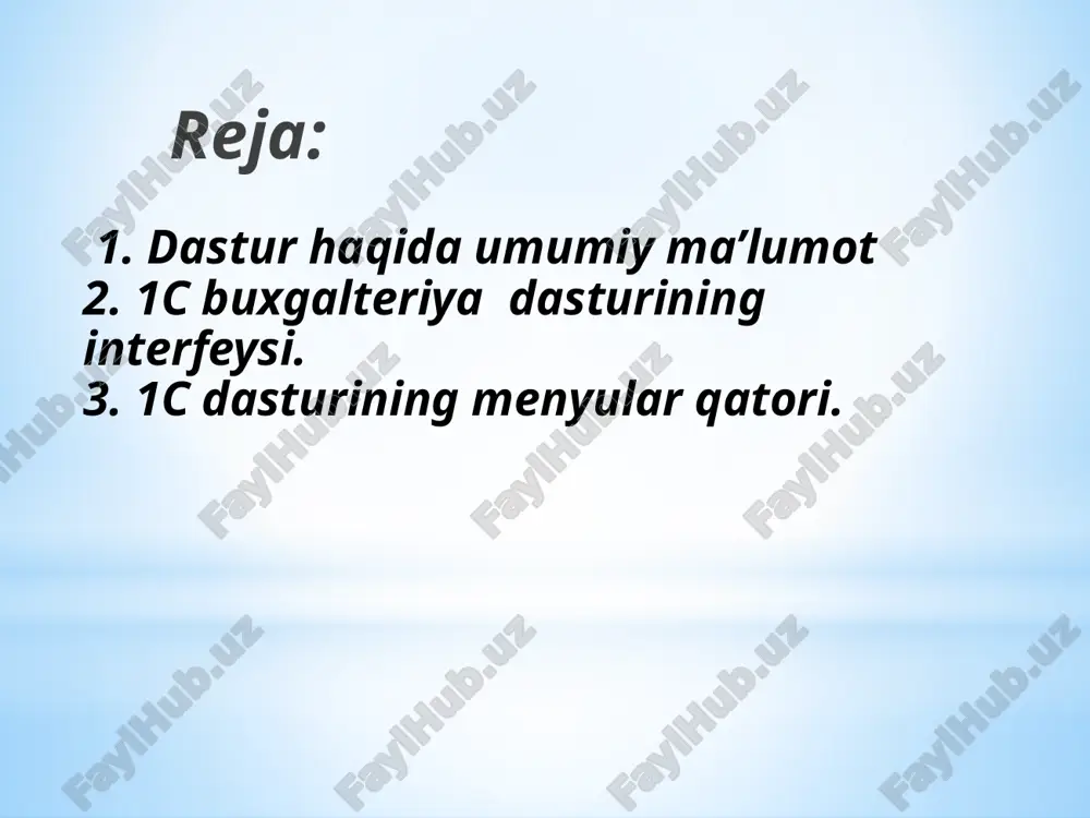 n ob`ektni qo`yadi. ochistit – jadvalning belgilangan sohasini tozalaydi. razdvinut – jadvalga jadvalning belgilangan sohasidagi ob`ektni ko`chirib qo`yadi. udalit – jadvalning belgilangan sohasini o`chiradi. ochistit tekst – jadvalning belgilangan sohasidagi matnni o`chiradi. iskat – qidirish oynasini ishga tushiradi. zamenit ...- … matnni yangisiga almashritish oynasini ishga tushiradi. svoystva - “svoystva” oynasini ishga tushiradi. «tablitsa» menyusi ob'edenit – belgilangan yacheykalarni birlashtiradi. setsii - “seksii” oynasini ishga tushiradi. (sm. mavjud seksiyaning nomini o`zgartirish va o`chirish"). visota stroki – tanlangan yacheykaning balandligini o`zgartirish imkonini beradi. shirina stolbtsa – tanlangan yacheykaning kengligini o`zgartirish imkonini beradi. kolontitul – kolontitul o`rnatadi. vstavit risunok – rasm o`rnatish imkoniyatini beradi. polojenie risunka – rasm joylashish holatini tanlash. 1. 1s dasturi qanday vazifalarni bajarishda ishlatiladi? 2. 1c dasturining menyulari nimalardan tashkil topgan? 3. shablonlar qanday yaratiladi? 4. jadval qanday yaratiladi? savol va topshiriqlar image1.png image2.png image3.png image4.png /docprops/thumbnail.jpeg