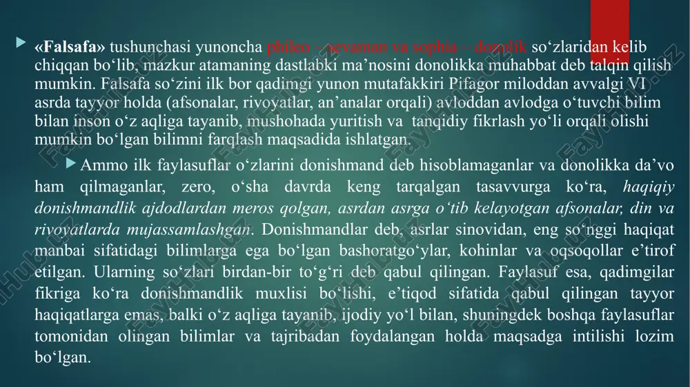 honch va intuitsiyaga tayangan holda oqilona asoslangan javoblar berishga harakat qiladigan, savollar tug‘diradigan har qanday obyektiv va subyektiv borliqdir. boshqacha aytganda, muayyan obyekt haqida muayyan tasavvur hosil qilish maqsadida savol berishga asos bo‘lishi mumkin bo‘lgan hamma narsa falsafaning predmetidir, keng ma’noda, dunyoqarash – insonning o‘zini qurshagan borliqqa va o‘z-o‘ziga nisbatan yondashuvlar tizimi, shuningdek uning mazkur yondashuvlar bilan belgilangan hayotiy ideallari, e’tiqodlari,, bilish va faoliyat tamoyillari, qadriyat va mo‘ljallaridir. dunyoqarashda ijtimoiy muhitning roli. aql paydo bo‘lishi bilan inson o‘zini fikrlovchi mavjudot sifatida anglay boshlaydi, unda o‘z «meni» va o‘zgalar haqida tasavvuri shakllanadi va rivojlanadi. shu tariqa u o‘zini va o‘zini qurshagan borliqni anglaydi, o‘zi va boshqa odamlarni, o‘zi va tashqi muhitni farqlaydi, ilgari o‘ziga ma’lum bo‘lmagan dunyoning yangi va yangi jihatlarini idrok etadi. bunday qarashlar insonning o‘zi va o‘zini qurshagan borliq haqidagi tasavvurlari majmui sifatida shakllanadigan dunyoqarash negizini tashkil etadi. bunda inson o‘ziga ma’qul va noma’qul narsalarni farqlaydi, baholar beradi, ustuvorliklar …