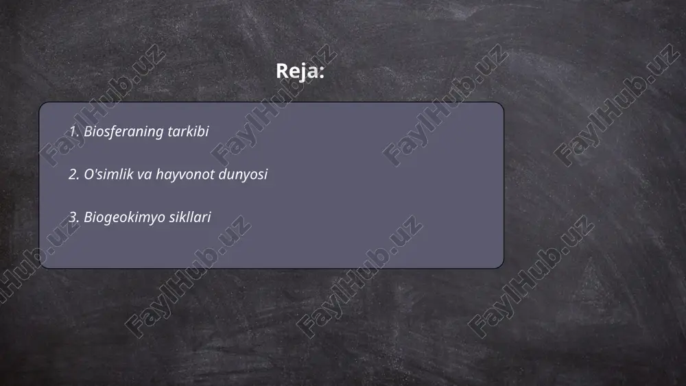 om etadi va tuproq, suv, o'simliklar orqali fosforlarning aylanishini tasvirlaydi. oltingugurt sikli gaz va cho‘kmalar orqali amalga oshadi. bu sikllar ekotizimlar sifatini saqlashda va global iqlim o‘zgarishlarida muhim rol o‘ynaydi. ... t.me/slaydai_bot 4. iqlim o'zgarishi va biosfera iqlim o'zgarishi biosferaga katta ta'sir ko'rsatmoqda. haroratning global o'sishi tufayli muzliklar erib, dengiz sathi o'sib bormoqda. 100 yildan kamroq vaqt ichida dunyo bo'ylab harorat 0,8°c ga oshgan. o'rmonlar yiliga 7,3 million gektarga kamaymoqda, bu esa biologik xilma-xillikning yo'qolishiga olib keladi. atmosferadagi co2 darajasi sanoat davridan beri 40% ga ko'paygan. so'nggi 50 yil ichida 60% yovvoyi jonivorlar populyatsiyasi yo'qolgan. havo ifloslanishi tufayli sanoqli yillar ichida 10 milliondan ortiq inson vafot etmoqda. ushbu raqamlar iqlim o'zgarishining biosferaga etkazayotgan jiddiy zararini anglatadi. ... t.me/slaydai_bot biosferaning ekologik tizimlari yer yuzidagi barcha biologik jonzotlar va ular yashaydigan muhit bilan uzviy bog‘liqdir. ushbu tizimlar o‘rmonlar, daryolar, ko‘llar, cho‘llar va okeanlarni o‘z ichiga oladi. dunyo miqyosida biosferaning maydoni 510 million …