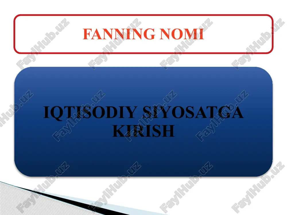 osati. 2 a 5 pul-kredit siyosati. 2 a 6 budjet-soliq siyosati. 2 a 7 davlatning iqtisodiy xavfsizligi 2 a 8 davlatning ekologik siyosati 2 a 9 davlatning innovatsiya siyosati 2 a 10 davlatning investitsiya siyosati 2 a 11 institutsional siyosat 2 a 12 hududlarni rivojlantirish (mintaqaviy) siyosati 2 a 13 tashqi iqtisodiy siyosat 2 a 14 makroiqtisodiy siyosat 4 jami: 30 mustaqil ta’lim (mt) 1. seminar va amaliy mashg‘ulotlarga tayyorgarlik ko‘rish va uy ishlarini bajarish 10 2. vaziyatli masalalar tuzish 5 3. mavzu bo‘yicha testlar tuzish 5 4. oraliq nazorat ishi 20 5. amaliy ma’lumotlar asosida tahlilni amalga oshirish hamda xulosa shakllantirish 10 6. yakuniy nazorat ishi 50 jami 100 asosiy adabiyotlar 1. abulkasimov x.p. abulkasimov m.x., topildiev s.r. iqtisodiyotni davlat tomonidan tartibga solish. .-t.:iqtisodchi, 2019. -212 bet 2. abulkasimov n., xamraev o. iqtisodiyotni davlat tomonidan tartibga solish.- t.: “iqtisod-moliya”, 2014. - 304bet 3. b.f. azimov, k.y. norova, g.m. qudratova. …