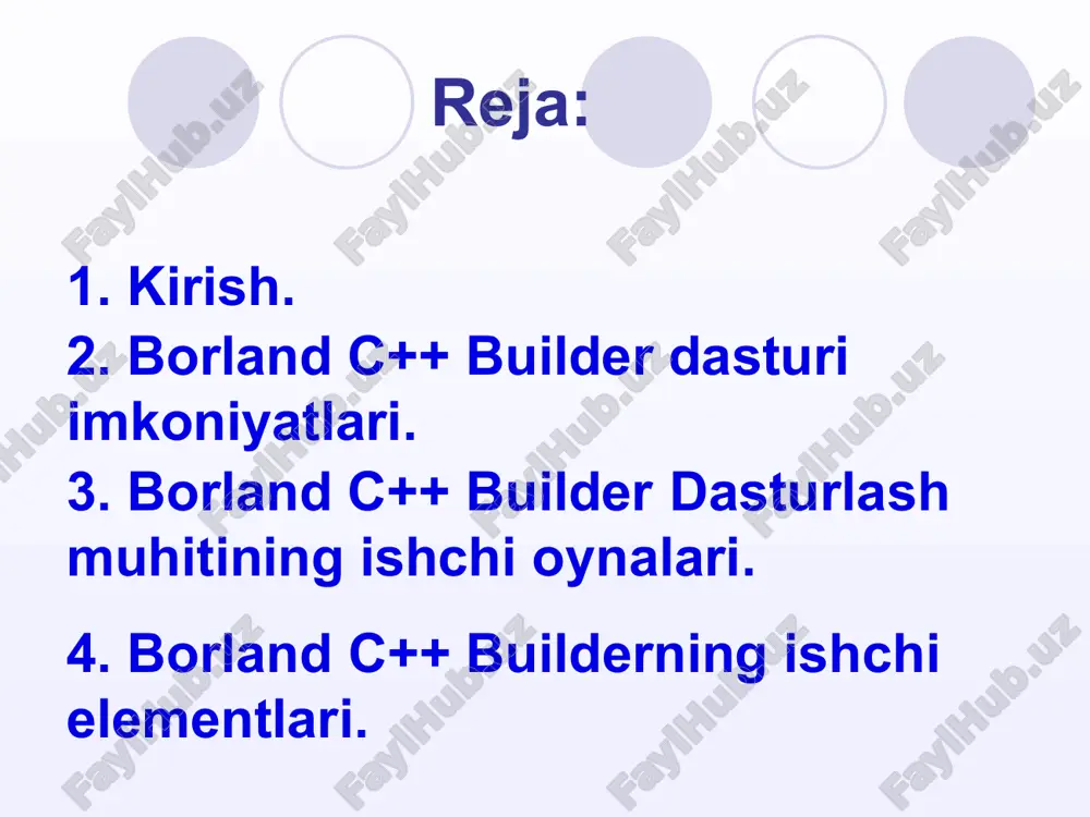 tov – komponentlar palitrasi, administrator proekta – proekt administratori va to’la umumlashgan redaktor koda – kodlar muharriri hamda kodlar va resurslar ustidan to’liq nazoratni ta’minlaydigan dastur ilovalarini tezkor yaratadigan otladchik - instrumentov - sozlash-instrumentlari kabilarni birlashtiradi menyular va uskunalar paneli. dasturchilar tilida bu interfeysga tez qayta ishlovchi muhit rad (rapid application development) deb atashadi. bunga sabab bu muhitda dastur, ilova tuzish va uning dizaynini qurishda tayyor obyektlar va kutubxonada mavjud metodlardan foydalanish mumkin. masalan, kompyuter avtomatik ravishda xodisani qayta ishlovchi funktsiya dasturi matnini hosil qiladi. vizual komponentalar palitrasi. ilova bu – tayyor bajariluvchi fayl hosil qilish uchun kerak bo’ladigan barcha fayllar to’plamidir. masalan, ilova tarkibiga dastur matni, tovush fayllari, ikonka rasmlari va shu kabi ilovaga, kerakli fayllar kirishi mumkin. bunda har bir ilova uchun alohida papka hosil qilish maqsadga muvofiq sanaladi. chunki ilovani boshqa kompyuterga o’tkazmoqchi bo’lsak va papkada saqlamagan bo’lsak, ularni yig’ishimizga to’g’ri keladi. bunda interfeysning o’zi ilovani saqlashni …