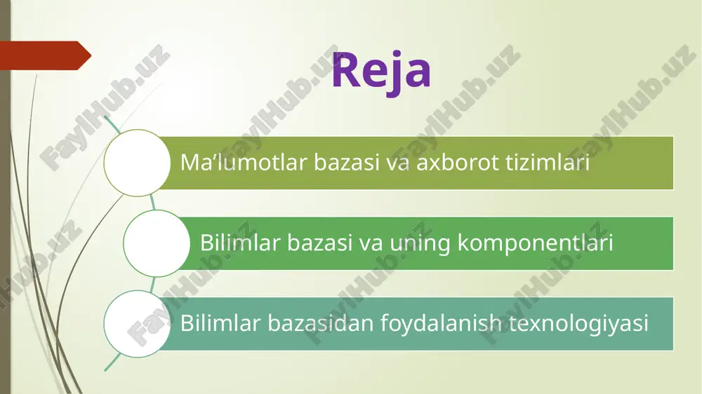faoliyatni boshqarishning avtomatlashtirilgan axborot texnikasini axborotli ta’minlashda sun’iy aql sohasining qo’llanishi katta qiziqish uyg’otadi, bu sohadagi yutuqlarni amalga oshirishning shakllaridan biri ekspertli tizimlarni yuqori malakali mutaxassislar, ekspertlar bilimlarini tizimli jamlash, umumlashtirish, tahlil qilish va baholashga asoslangan maxsus kompyuter tizimlarini yaratashdan iboratdir. ekspertli tizimda bilimlar bazasidan foydalaniladi , unda aniq muammo soha haqidagi bilimlar beriladi. bilimlar bazasi ba’zi bir muammo sohada murakkab vazifalarning yechimini topish uchun tahlil va xulosalarni yaratuvchi modellar, qoidalar va omillar (ma’lumotlar)ning majmuidir bilimlar bazasining ishlatilishi 1.3. bilimlar bazasidan foydalanishning texnologiyasi bilimlar bazasidan foydalanishning texnologiyasi foydalanuvchi ekspert tushuntirish bloki bilimlarga erishish bloki mantiqiy xulosalar bloki bilimlar bazasi bilimlar bazasidan foydalanishning texnologiyasi ekspert aniq muammo sohada samarali qarorlarni topa oluvchi mutaxassisdir bilimlarni bilish bloki bilimlar bazasining jamlanishi, bilimlar va ma’lumotlarning zamonaviylashtirish bosqichini aks ettiradi bilimlar bazasi malakali mutaxassisning fikrlash darajasidagi yuqori sifatli tajribadan foydalanish imkoniyatini aks ettiradi. u ekspertli tizimni biznes va buyutrmachining zaruriyatlariga muvofiq ravishda rentabelli qiladi mantiqiy …