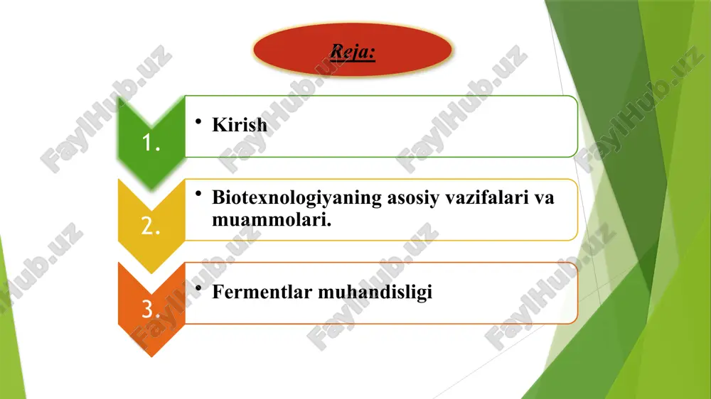 radigan fermentdan foydalansa bo’lishini ilmiy asoslab berdi. bu texnologiya qo’llanilganda somondagi shakar miqdori 6-7% ga yetgani, unda vitaminlar, aminokislotalar paydo bo’lganini va shu tufayli somonning oziqa-birligi bir necha barobar oshgani isbotlab berildi. b.f.d. professor m.m.raximov. bu olim o’zibekistonda biotexnologiyani rivojlanishiga boshchilik qilgan bo’lib, bir necha oliygohlarda biotexnologiya kafedrasini ochilishda asosiy rol o’ynaganlar. olimning oziq-ovqat sanotida fermentlar yordamida, yang samarador texnologiya yaratganlari alohida taxsimga sazovor. t.g.gulyamova, a.x.vahobov, x.a.berdiqulov, r.shoyqubov, z.r.ahmedova, z.f. ismoilov, i.j.jumaniyozov va boshqalar mamlakatimizda mikrob biotexnologiyasining rivojlanish ustida chuqur ilmiy va amaliy ishlar olib bormoqdalar. biotexnologiya faning asosiy vazifasi va muammolari hujayrada almashish yo‘llarini faollash va yordam berib, buning yordamida o‘stirilayotgan organizmda boshqa reaksiyalarni kamaytirib, kerakli mahsulotlari yig‘ish; 2) hujayra va uning tarkibidagi moddalarning murakkab molekulalarini olish; 3) rdnk - biotexnologiyani va hujayra injeneriyasini yangi natijalar olish uchun chuqurlashtirish va zamonaviylashtirish; 4) chiqindisiz va ekologik toza biotexnologik jarayonlarni yaratish; 5)biotexnologik jarayonlarda ishlatiladigan jihozlarni zamonaviylashtirish; 6) biotexnologik jarayonlarning texnik-iqtisodiy ko‘rsatkichlarini …