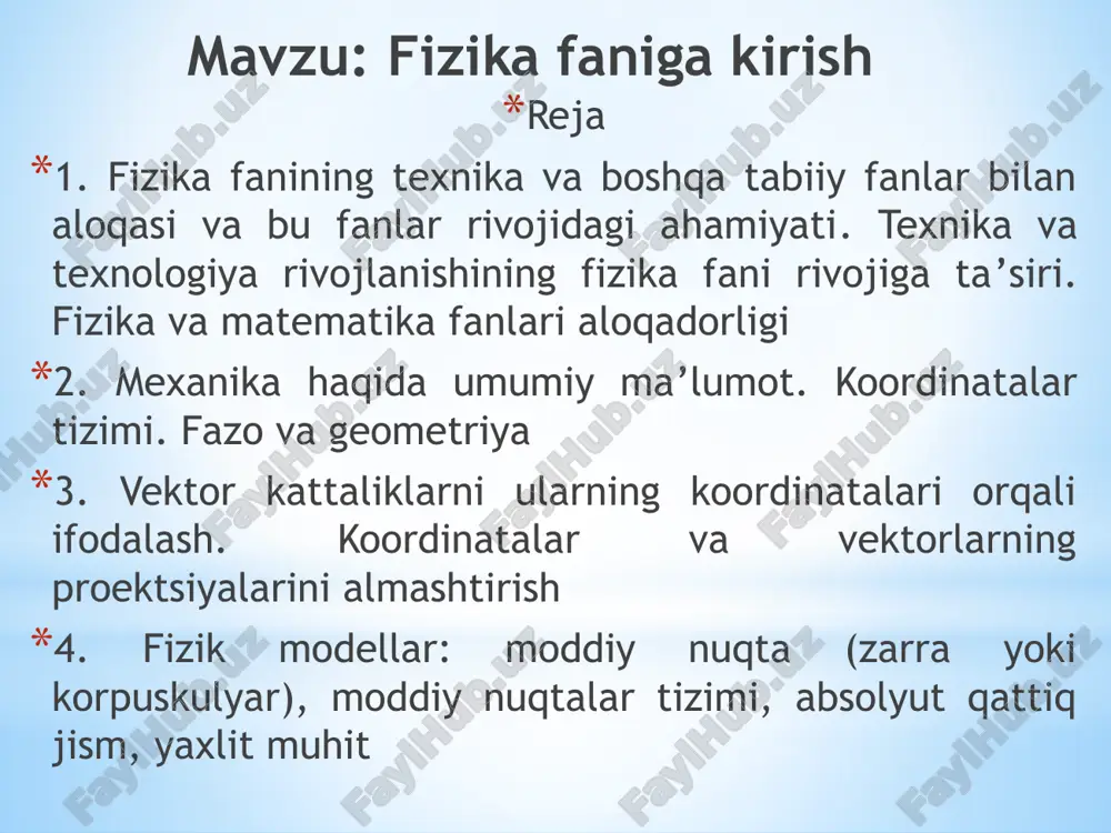 ika, fizikkimyo, biofizika fanlari vujudga kelgan. fizika fani texnika bilan chambarchas bog`langan bo`lib, bu aloqa ikki tomonlama xarakterga ega. fizika texnika talablaridan kelib chiqib, fizik izlanishlar olib borishga olib keladi. boshqa tomondan ishlab chiqarishning texnik darajasi fizikaning rivojlanishiga sabablardan biri bo’ladi. fizika bu texnikaning yangi tarmoqlarini yaratilishida baza bo`lib hisoblanadi. fizikaning rivojlanishi va uning texnika bilan bog`lanishi texnik oliygohlarda ikki vazifani ijro etadi: bir tomondan muhandisni fundamental nazariy bilimlar bilan ta'minlash bo`lsa, ikkinchi tomondan dialektik materialistik va ilmiy dunyoqarashni shakllantiradi. mexanika - fizikaning qismi bo`lib, materiyaning sodda va umumlashgan harakat shakllarini o`rganadi. mexanika quyidagi uch qismga bo`linadi: 1) kinematika - kinematika jismlarni harakatini ularni vujudga keltiruvchi sabablarni hisobga olmay o`rganadi. 2) dinamika - jismlarning harakat qonunlarini harakat sabablarini hisobga olgan holada o`rganadi. 3) statika - jismlar sistemasini muvozanat qonunlarini o`rganadi. agar jismlarning harakat qonunlari ma'lum bo`lsa, ularga asoslanib muvozanat qonunlarini keltirib chiqarish mumkin. shuning uchun statika qonunlari dinamika qonunlarisiz fizikada …