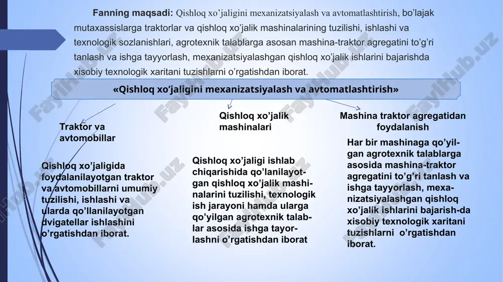 vzu: traktor va avtomobillarning tasnifi va asosiy qismlari ichki yonuv dvigatellarining tasnifi reja: 1.traktor va avtomobillarning vazifasi va tasnifi 2.traktor va avtomobillarni asosiy qismlari. 3.qishloq xo’jalik traktor va avtomobillariga qo’yiladigan asosiy talablar. 4.dvigatelning vazifasi, turlari, tuzilishi, hamda asosiy mexanizmlari. 5.to’rt va ikki takli karbyuratorli va dizel dvigatellarining tuzilishi va ularni ishlashi. 6.iyod larini asosiy sistemalari, ularni qismlari hamda ishlashi. traktor -qishloq xo’jaligi, qurilish, yo’l qurish, yer qazish, transport va boshqa ishlarni bajarish uchun mo’ljallangan g’ildirakli yoki zanjirli mashina. qishloq xo’jaligi ishlab chiqarishida asosiy energiya manbai bo’lib xizmat qiladigan traktorlar, boshqa turdagi energiya manbalariga nisbatan yuqori o’tag’onlikka ega bo’lishi, boshqariluvchanligi, harakat havfsizligi, hamda qulay yurishga ega bo’lganligi uchun ular keng miqyosda ishlatiladi qishloq xo’jaligida qo’llaniladigan traktorlar quyidagicha tasnifi ostovi (ko’taruvchi sistema) ning turiga dvigatel turiga kuch uzatmalarini tuzilishiga tortish kuchiga vazifasiga yurish qismining tuzilishiga vazifasiga qarab: umumiy turdagi traktorlar – yoppasiga ishlov berish, shudgorlash, boronalash, hosilni yig’ib-terib olishda ishlatiladi. bu turdagi …