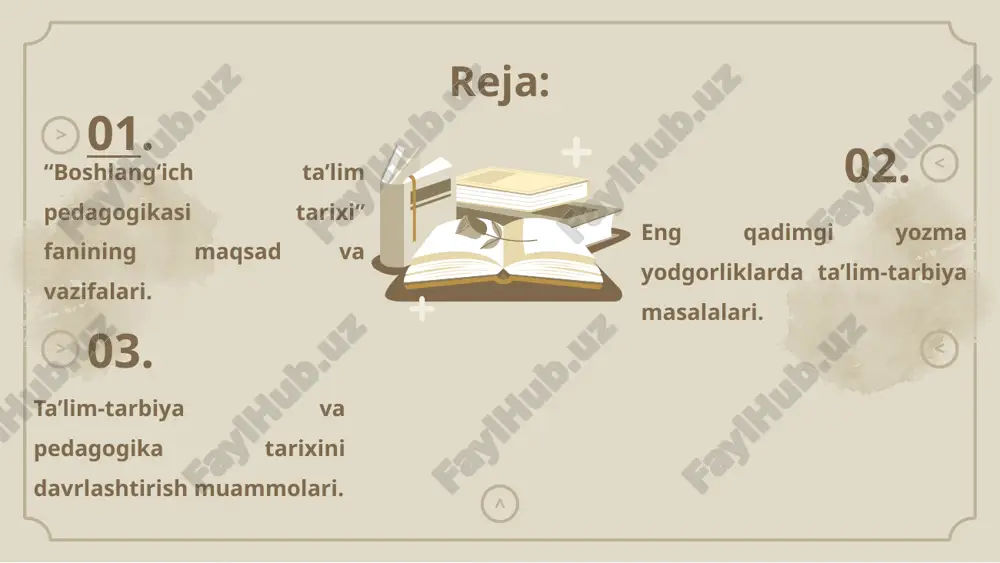dida quyidagi tarzda davrlashtish maqsadga muvofiq: eng qadimgi davrlardan vii asrgacha ta’lim-tarbiya va pedagogik fikrlar; vii asrdan xiv asrning birinchi yarmifacha o’rta osiyoda tarbiya, maktab va pedagogik fikrlar; sharq uyg’onish davrida pedagogik fikrlarning rivojllanishi; xiv asrning ikkinchi yarmi va xvi asrda movaraunnahrda tarbiya va maktab; xiv asrning ikkinchi yarmi va xvi asrda movaraunnahrda pedagogik fikrlar rivoji; xvii asrdan xix asrning yarmigacha tarbiya, maktab va pedagogik fikrlar rivoji; xix asrning 2-yarmi – xx asr boshida turkiston o’lkasida tarbiya, maktab va pedagogik fikrlar; 1917-1991 yillarda o’zbekistonda ta’lim tizimi va pedagogik fikrlar rivoji; mustaqil o’zbekiston ta’lim tizimi. mustaqillik yillarida pedagogik fikrlar rivoji; eng qadimgi davrlardan xix asrning birinchi yarmida jahon pedagogika fanining rivojlanish tarixi; xix asrning 2-yarmi – xx asrda jahon pedagogika faning rivoji; hozirgi davrda jahon mamlakatlari ta’lim tizimi va pedagogika fani rivoji. “zardusht va «avesto» to‘g‘risida qisqacha ma’lumot. miloddan avvalgi vii asrda xorazmda zardusht tomonidan zardushtiylik diniga asos solingan va bu …