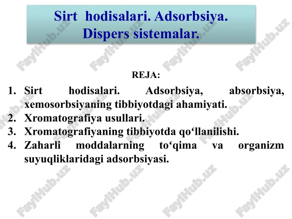 sirt tarangligi, zichligi, qovushqoqligi, elektr o‘tkazuvchanligi bilan keskin farq qiladi. sath energiyasini kamaytirishga olib keluvchi hodisalardan biri – sorbsiyadir. biror modda sirtida yoki xajmi bo‘yicha ikkinchi bir moddani o‘z-o‘zidan yutilishiga – sorbsiya deyiladi. sath energiyasi tabiatan potensial energiya bo‘lganligi uchun termodinamikaning ikkinchi qonuniga binoan o‘zini mumkin qadar kamaytirishga intiladi. bunda, yutuvchi modda - sorbent, yutilgan modda esa - sorbat yoki sorbtiv deyiladi. yutilish jarayonining 4ta asosiy xili bor: -absorbsiya, -adsorbsiya, -xemosorbsiya va -kapillyar kondensatsiya absorbsiya. qattiq jism yoki suyuqlikning butun hajmiga gaz yoki bug‘ning yutilishi absorbsiya deyiladi. bu jarayonda gaz molekulalari sorbentning butun hajmiga kirib boradi. gaz molekulalarining tarqalishi diffuziya tufayli bo‘ladi. qattiq jismlarda diffuziya tezligi kichik bo‘lganligi sababli ularda absorbsiya sekin boradi va muvozanat uzoq vaqt yuzaga keladi. haroratning ortishi absorbsiyada muvozanatni tezlashtiradi. absorbsiyaga – suvga so2 va nh3 ning yutilishini misol qilish mumkin. adsorbsiya. agar yutuvchi modda boshqa moddaning molekula va ionlarini faqat yuza qismigagina yutsa – bunday …