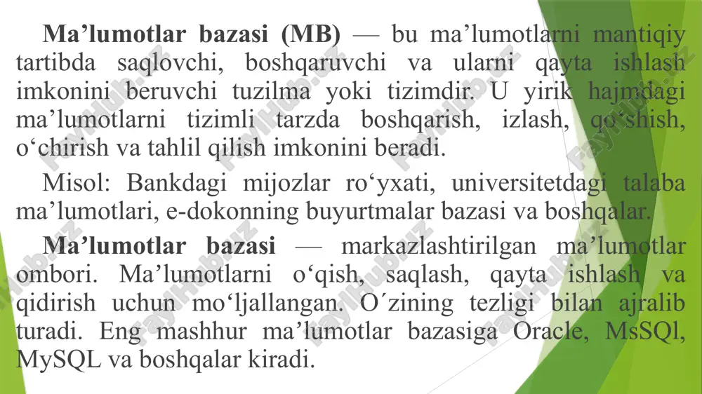 tartiblangan ma’lumotlar to‘plamidir. hozirgi kunda ma’lumotlar bazalari bank sohasidan tortib, sog‘liqni saqlash, ta’lim va savdoga qadar turli sohalarda muhim rol o‘ynaydi. ular katta hajmdagi ma’lumotlar bilan samarali ishlashni ta’minlab, jarayonlarni optimallashtirish va samaradorlikni oshirishga yordam beradi. ma’lumotlar bazasining asosiy maqsadi – ma’lumotlarni tartibga solish va markazlashtirilgan holda saqlash, bu esa ularni qayta ishlashni osonlashtiradi. masalan, relatsion ma’lumotlar bazalarida ma’lumotlar jadvallarda saqlanadi, bunda satrlar yozuvlarni, ustunlar esa atributlarni ifodalaydi. biroq, ma’lumotlarni tashkil qilishning boshqa ko‘plab usullari mavjud, masalan, nosql tizimlari, ular standart bo‘lmagan ma’lumotlar formatlari uchun juda mos keladi. ma’lumotlar bazalari bilan ishlash maxsus dasturiy tizimlar yordamida amalga oshiriladi, bu tizimlarga ma’lumotlar bazalarini boshqarish tizimlari (sübd) deyiladi. masalan, mysql, postgresql va oracle kabi dasturlar ma’lumotlarni yaratish, tahrirlash, tahlil qilish va himoya qilish uchun vositalarni taqdim etadi, bu esa ma’lumotlar bazalaridan foydalanishni qulay va ishonchli qiladi. ma’lumotlar bazasi – ehm xotirasiga yozilgan ma‘lum bir strukturaga ega, o‘zaro bog‘langan va tartiblangan ma‘lumotlar majmuasi …