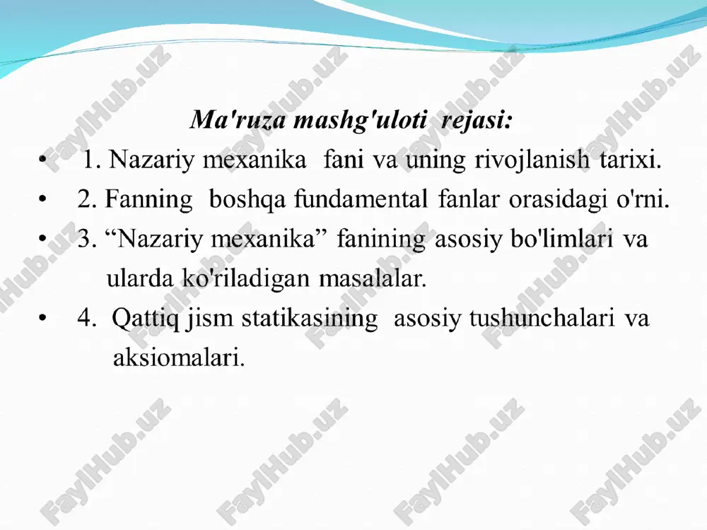 yurtlarida uch qismga, ya'ni statika, kinematika va dinamika qismlarga bo'lib o'rganiladi. statika qismida jismga qo'yilgan kuchlar sistemasini sodda holga keltirish va hosil qilingan kuchlar sistemasi ta'siridagi jismning muvozanat shartlarini hamda jismlarning og'irlik markazini aniqlash masalalari ko'riladi. kinematika qismida esa jism yoki nuqtaning harakatini geometrik nuqtai nazardan, ya'ni ularni harakatga keltiruvchi sababni (kuch va massani) hisobga olmagan holda o'rganiladi. dinamika qismida jism va moddiy nuqtaning harakatini shu harakatni yuzaga keltiruvchi sababni hisobga olgan holda o'rganiladi. statikaning asosiy tushunchalari yuqorida aytganimizdek, statika qismida jismga qo'yilgan kuchlar sistemasini sodda holga keltirish va hosil qilingan kuchlar sistemasi ta'siridagi shu jismning muvozanat shartlarini hamda jismlarning og'irlik markazini aniqlash masalalari ko'riladi. albatta bu masalalarni qanday ko'rinishda yechilishidan qat'iy nazar, ular kuch tushunchasi bilan bog'liq. mexanikada ikki yoki undan ortiq jismlar o'zaro ta'sirining miqdoriy o'lchovini ifodalovchi kattalik kuch deyiladi. kuchni aniqlash uchun uning moduli (son qiymati), yo'nalishi va qo'yilish nuqtasi ma'lum bo'lishi kerak. ma'lumki, fizika kursida kuchning …