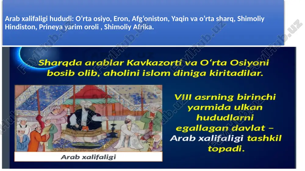 masligiga e’tibor berilmagan. xiroj- yer solig‘i (hosilning o’ndan bir yoki o’ndan ikki qismi miqdorida), . zakot- (qirqdan bir miqdorda) chorva, hunarmandchilik, savdo-sotiqdan. jizya islomni qabul qilmagan shaxslardan olinadigan soliq. tohiriylar – sulolaga 821 yil tohir ibn husayn asos solgan. xurosondagi tohiriylar davlati (821–873). rasman abbosiylarga qaram hisoblangan. marv nishopur arab xalifasi horun ar-rashid (786–809) vafotidan so'ng uning o'g'illari ma'mun bilan amin o'rtasida 809–813 yillarda taxt uchun kurash kechdi hirot viloyatining zodagonlaridan tohir ibn husayn boshliq xuroson va movarounnahr mulkdorlari ma'munga yordam beradilar. 813 yilda ular bag'dodga yurish qiladilar. poytaxt qo'lga kiritilib, ma'mun xalifalik taxtiga o'tiradi 813 yil bag'dod tohir 821 yilda xuroson va movarounnahr noibi etib tayinlanadi arab xalifasi ma'mun somonxudotning nabiralarini ayrim shahar va viloyatlarga noib qilib tayinlaydi. nuhga samarqand, ahmadga farg'ona, yahyoga shosh va ustrushona, ilyosga esa hirot tegadi samarqand farg'ona shosh va ustrushona hirot bag'dod buning evaziga aka-uka somoniylar movarounnahrning har yilgi xirojidan juda katta mablag'ini tohiriylar …