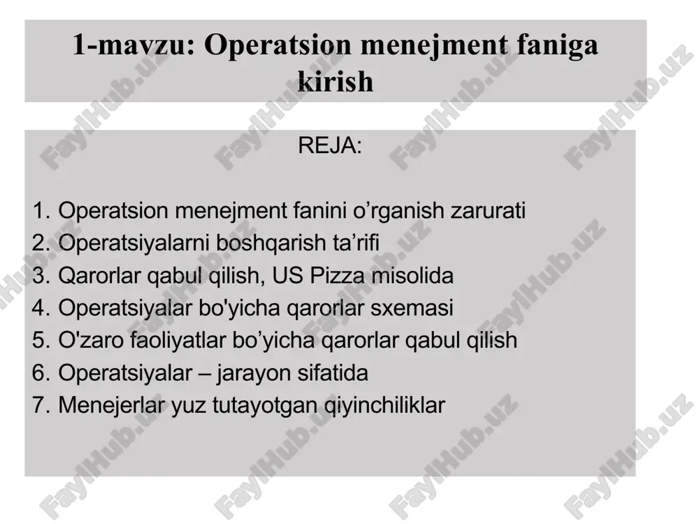 lishi mumkin. process thinking (jarayonga yo’naltirilgan fikrlash) va lean thinking moliya va marketing kabi ko'plab boshqa sohalarda qo'llanilgan. operatsion menejment - qiziqarli va qiyin tadqiqot sohasi. operatsion menejment fanini o’rganish zarurati rejalashtirish tashkil qilish kadrlar bilan ta’minlash boshqarish nazarot qilish operatsion menejment fanini o’rganish zarurati asosiy faoliyat turlari : tashkilotlarga kamroq narsalar bilan ko'proq yordam berish samaradorlikni oshirish uchun zaruriy texnologiyalarni tadqiq etish mahsulotlar, xizmatlar va jarayonlar sifatini shakllantirish operatsion jadvallarni aniqlash yuqori samarali ish joyini yaratish tashkilotni global va atrof-muhit o'zgarishiga muttasil o’rgatish va moslashtirish operatsiyalarni boshqarish ta’rifi operatsiyalarni boshqarish bu kompaniya mahsulotlari va xizmatlarini ishlab chiqarish uchun zarur bo'lgan resurslarni rejalashtirish, muvofiqlashtirish va nazorat qilish uchun mas'ul bo'lgan biznes funktsiyasi operatsiyalarni boshqarish ta’rifi operatsiyalarni boshqarish bu: boshqarish funktsiyasi tashkilotning asosiy vazifasi xizmat ko'rsatadimi yoki ishlab chiqaradimi, foyda oladimi yoki foyda uchun emasmi har bir tashkilotda mavjud operatsion funktsiyasi odatda tashkilotdagi boshqa funktsiyalarga qaraganda ko'proq ishchilar va jismoniy aktivlarni …