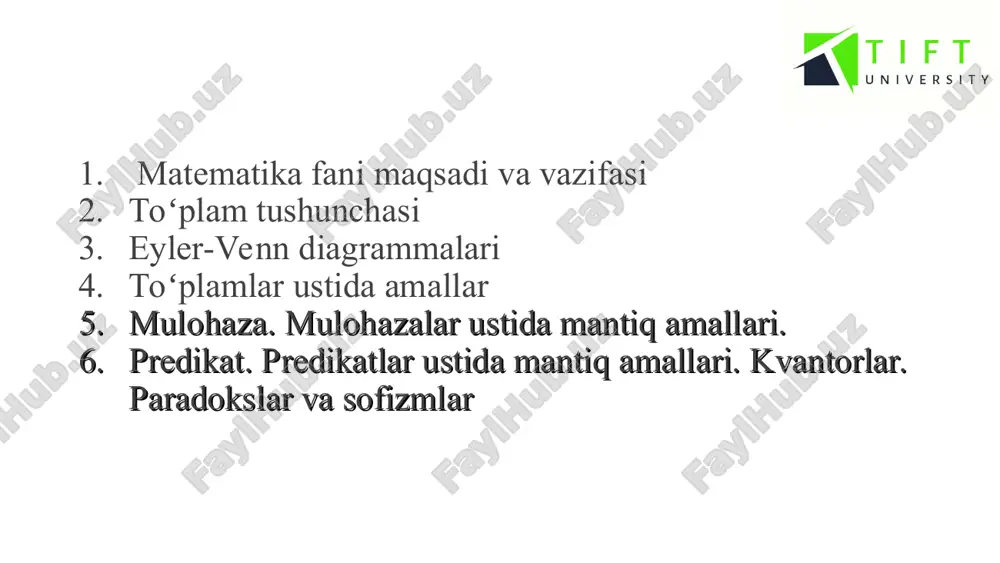 am elementga ega boʻlmagan toʻplam boʻsh toʻplam deyiladi. boʻsh toʻplam orqali belgilanadi. masalan: dengiz tubida quruq toshlar to ‘plami,chunki dengiz tubida quruq tosh bo ‘lmaydi. agar a toʻplam b toʻplamning qismi, b toʻplam a toʻplamning qismi boʻlsa, u xolda a va b toʻplamlar teng toʻplamlar deb ataladi. a va b toʻplamlar teng ekanligi a = b kabi yoziladi. misol:sizda 10 ta olma ,doʻstingizda ham 10 ta olma boʻlsa bular teng toʻplamlar bo ‘ladi.amma sizda 10 ta olma ,doʻstingizda 10 anor bo ‘lsa bular elementlar soni bilangina teng bo ‘ladi. agar shunday topilsaki, boʻlsa yoki shunday topilsaki, boʻlsa, u holda a va b toʻplamlar teng emas deyiladi. bu xol kabi yoziladi. * ta’rif. a va b toʻplamlarning barcha elementlaridan tashkil topgan c toʻplam a va b toʻplamlarning yig‘indisi deb ataladi.a va b toʻplamlarning yig‘indisi kabi belgilanadi. a va b yig‘indisi pastda koʻrsatilgan. toʻplamlarning yig‘indisi toʻplamlarning koʻpaytmasi ta’rif. a va b toʻplamlarning …