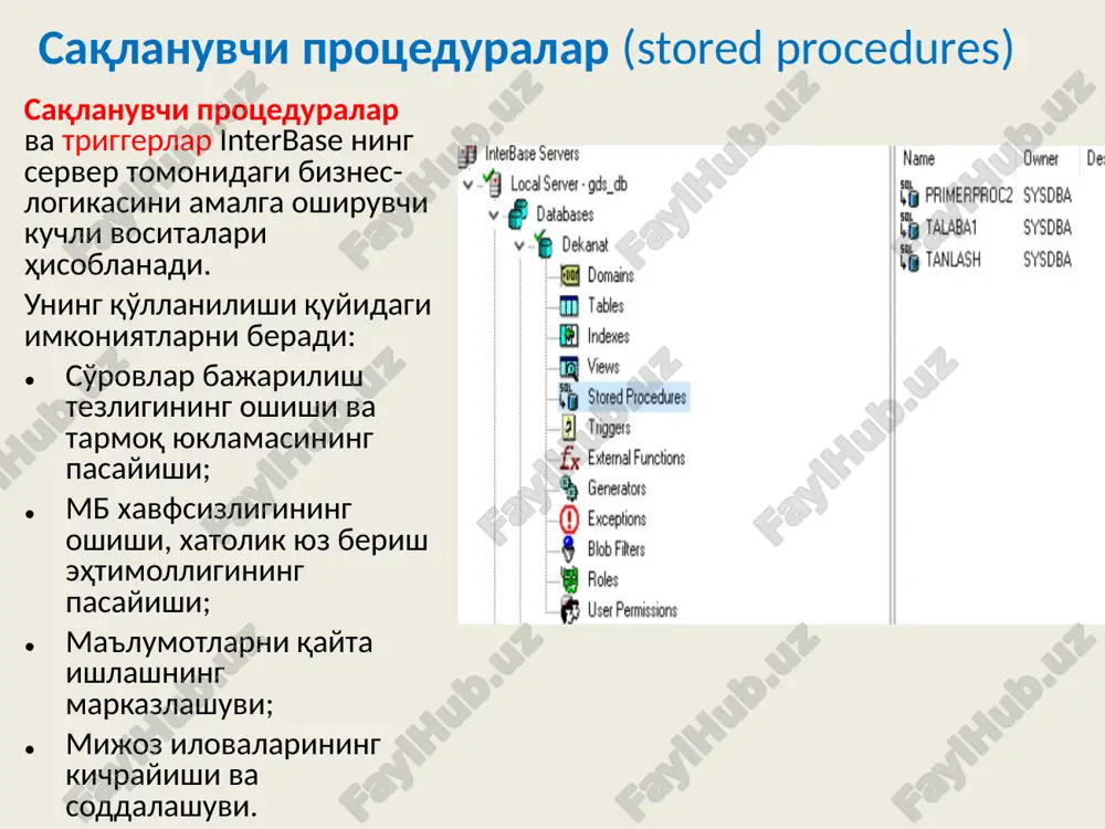 as begin for select * from table_firma into :f, :i, :o do suspend; end^ set term ;^ /* protsedurani chaqirish */ select * from firma_select; saqlanuvchi protseduralar (stored procedures) set term ^; create procedure primerproc(i integer) returns (k integer, v varchar(25)) as begin k = 0; while (k < i) do begin k = k + 1; v = 'stroka № ' || k; suspend; end end^ set term ;^ /*protsedurani chaqirish: */ select * from primerproc(5); saqlanuvchi protseduralar (stored procedures) tanlash protseduralari staff .gdb ma'lumotlar bazasida bo'yso'nuvchi bo'limlar ro'yxatini hosil qiluvchi protsedurani yaratamiz. bunda shuni anglash kerakki, korxona ierarxik strukturali bo'limlarga ega. deps jadvalining parentdeptid maydonida tegishli bo'limning identifkatori ko'rsatiladi. agar tegishli bo'lim mavjud bo'lmasa, bo'lim ierarxiyaning yuqorisida bo'ladi va parentdeptid maydoniga 0 qiymati kiritiladi. saqlanuvchi protseduralar (stored procedures) set term ^ ; create procedure childdeptslist (pdeptid integer) returns (rdeptfullname varchar(100)) as begin for select deptfullname from deps where …
