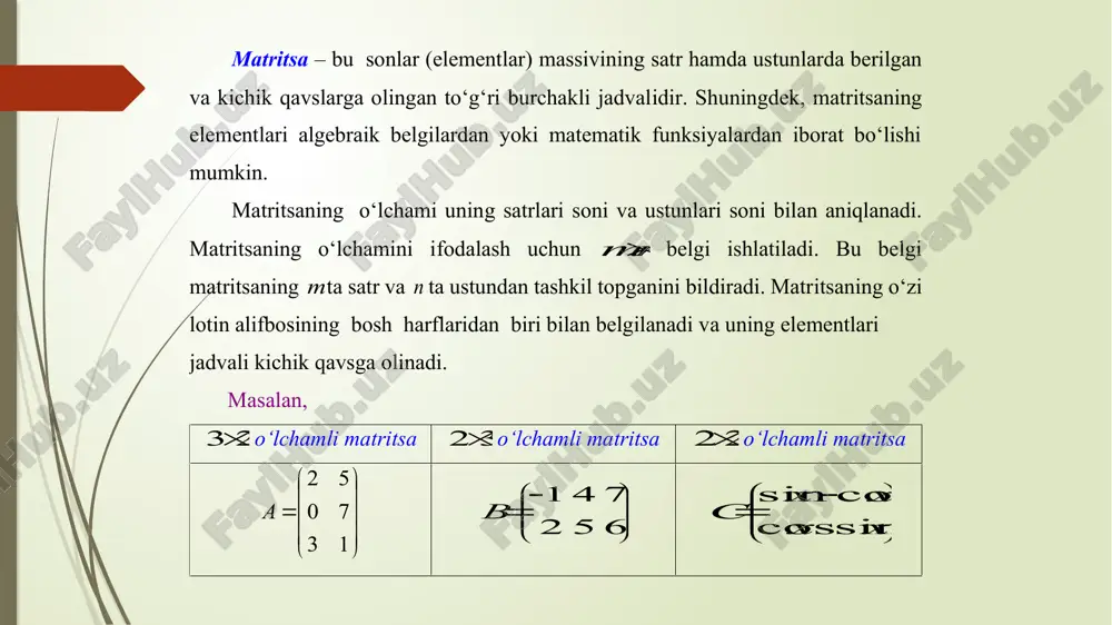 ..,, 2211 elementlaridan tuzilgan diagonaliga uning bosh diagonali, o‘nq yuqori burchagidan chap quyi burchagiga yo‘nalgan 1)1(21 ,...,, nnn aaa  elementlardan tuzilgan diagonaliga uning yordamchi diagonali deyiladi. bosh diagonalidan yuqorida (pastda) joylashgan barcha elementlari nolga teng bo‘lgan                nn n n a aa aaa a     00 0 222 11211                               nnnn aaa aa a a     21 2221 11 0 00 matritsaga yuqoridan uchburchak (quyidan uchburchak) matritsa deyiladi. bosh diagonalda joylashmagan barcha elementlari nolga teng bo‘lgan                nn a a a a     …