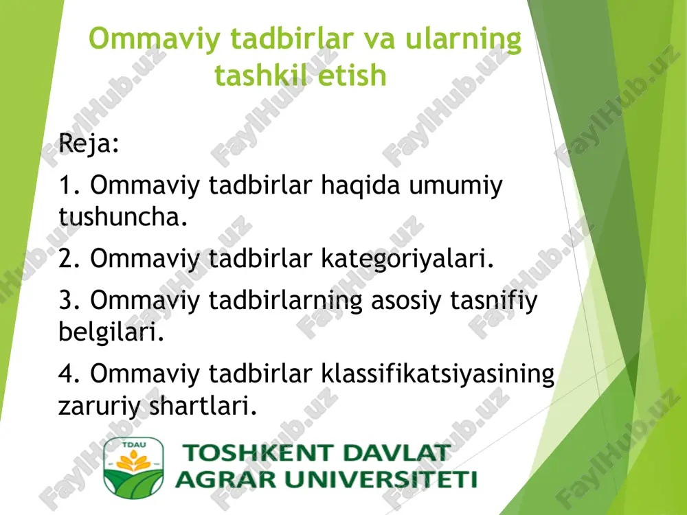 g katta tadbirlarga mos keladigan umumxalq tadbirlaridir. bular, birinchi navbatda, mamlakatimizning hayotidagi muhim sanalari, tarixiy voqealar, bayram kunlaridir. umumxalq tadbiri alohida ijtimoiy guruhlarning bir qator o’ziga xos tadbir ishtirokchilari mavjud: ishchilar, ziyolilar, yoshlar, etnografik va hududiy jamoalar, birgalikda harakatlanadigan turli kollektivlardan iborat. ikkinchi guruh muayyan ma’lum guruh vakillari uchun muhim bo’lgan voqea-hodisalar va sanalar, mahalliy bayramlar hisoblanadi. bu tadbirlar qatoriga kasb bayramlari, yoshga doir tadbirlar, viloyat, shahar, tuman, qishloqlarning muhim sanalari hisoblanadi va ma’lum doira va mashtabda o’tkaziladi. uchinchi guruh tadbirlariga quyidagilar kiradi: shaxsiy, oila yoki kishilar guruhi uchun muhim bo’lgan voqea, sanalarda tadbirlar uyushtiriladi. tadbirning maqsad va vazifalarini belgilash - ish boshlash uchun muhim ahamiyatga ega. bu mutlaqo majburiy bosqichdir. tadbirlarni tashkil qilish odatda ijodiy ish bo’lib va qiziqarli jarayon. g’oyalar va farazlar juda ko’plab topiladi, hamda doimo muhokama qilish va iloji boricha tezroq aniq bir jarayonlarni tayyorlashni istaladi. e-mail: shoxjahon.jalilov@mail.ru tel: +998942919339 +998332919339 e‘tiboringiz uchun rahmat!