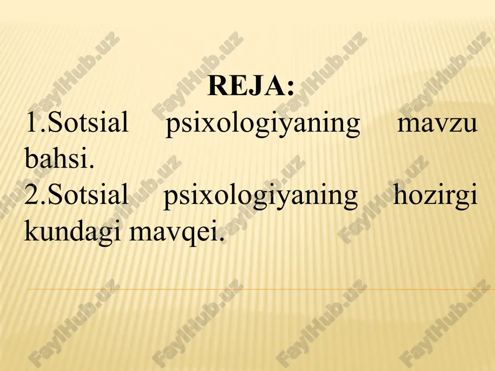 rov g’.b., shoumarov sh.b. muhabbat va oila. –t., 1994 yil. shoumarov g’.b. oila psixologiyasi. –t., 2000 yil. g’oziyev e. psixologiya. (yosh davrlari psixologiyasi).-t., 1992 yil. g’oziyev e. psixologiya muammolari. – t.: o’qituvchi, 1996 yil. karimova v. salomatlik psixologiyasi yoxud salomat bo’lish uchun ruhiyatni boshqarish sirlari. – t.: yangi asr avlodi, 2005. – 72 bet deyl karnegi. o’z-o’ziga ishonch hosil qilish va omma oldida so’zlash san’ati. – t.: yangi asr avlodi, 2010. – 224 bet hayot kitobi: yoshlar uchun ensiklopedik qo’llanma. – t.: sharq, 2011, – 272 bet internet va ziyonet saytlari www.ziyonet.uz www.google.uz www.referat.uz www.koob.ru. www.psychology.ru. www.flogiston.ru. 4 1. sotsial psixologiyaning mavzu bahsi insoniyat jamiyati paydo bo’lib, odamlar hamkorlikda mehnat qilish va yashash ehtiyojini sezgan davrdan boshlab ularda sotsial psixologik tafakkur, sotsial ruh paydo bo’lgan. insoniyatning eng ilg’or vakillari bunday ruh qonuniyatlarini o’rganish, uning sirli tomonlarini sharxlashga urinib kelganlar. lekin sotsial ruh qanchalik qadimiy bo’lsa, uning sirlarini o’rganuvchi fani sotsial …