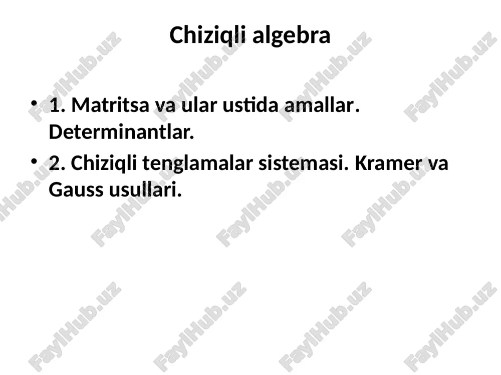 tun qilib yozilganda, uni qiymati o’zgarmaydi. xossa 2. agar determinantning biror satri ikkita qo’shiluvchilardan iborat bo’lsa, u holda bu determinant satrlari shu qo’shiluvchilardan iborat bo’lgan ikkita determinantning yig’indisidan iborat bo’ladi. determinant xossalari determinant xossalari xossa 3. agar determinantning biror-bir satri umumiy ko’paytuvchiga ega bo’lsa, u holda bu umumiy ko’paytuvchini determinant belgisidan tashqariga chiqarib yozish mumkin, ya’ni . determinant xossalari xossa 4. agar determinantning biror satri nollardan iborat bo’lsa, u holda determinant nolga teng bo’ladi. xossa 5. determinantning ixtiyoriy ikkita satrlarini o’rnini almashtirish natijasida uning faqat ishorasigina o’zgaradi, ya’ni determinant xossalari xossa 6. bir xil satrlarga ega bo’lgan determinant nolga teng. xossa 7. proporsional satrlarga ega bo’lgan determinant nolga teng. xossa 8. agar determinantning biror satri qolgan satrlarining chiziqli kombinasiyasidan iborat bo’lsa, u holda determinant nolga teng bo’ladi. xossa 9. agar determinantning biror satrini biror-bir elementga ko’paytirib, boshqa bir satriga qo’shsak, uning qiymati o’zgarmaydi. minorlar va algebraik to’ldiruvchilar n-tartibli determinantni qaraymiz. …