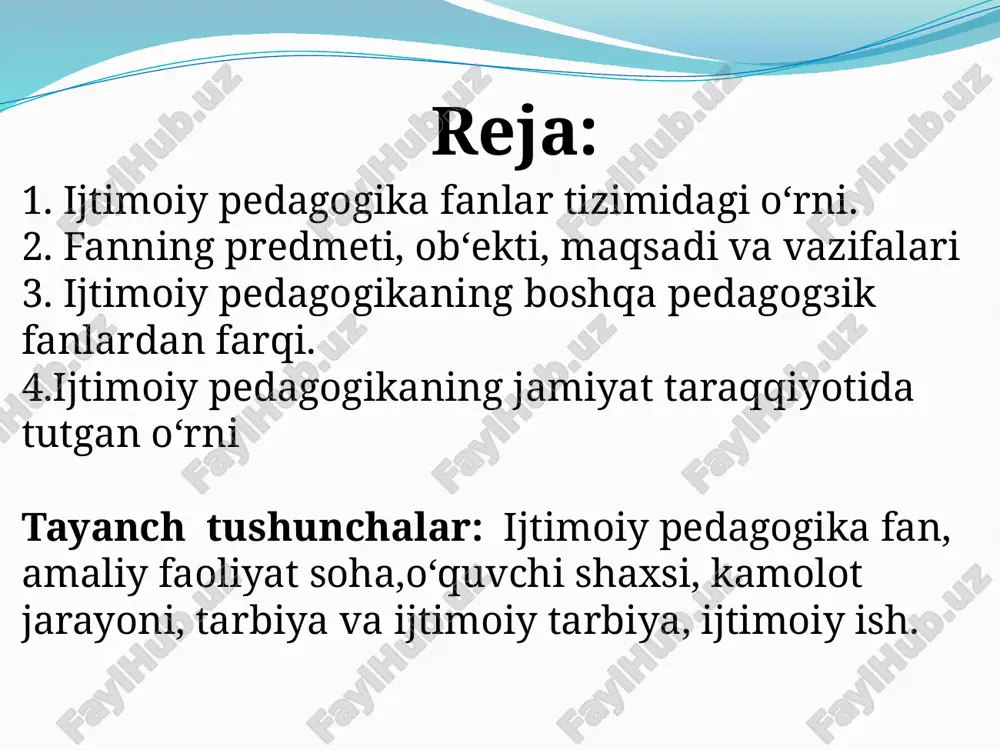 `rganishdan iborat. demakki, uning obyekti ijtimoiy hayotiy tarbiyaviy jarayonlardir. predmeti esa, shaxsning shakllanishiga ijtimoiy muhitning ta'siri qonuniyatlari, jumladan oilaning, birlashmalarning, jamqarmalarning tarbiyaviy ta'siri kabilar hisoblanadi. demak, ijtimoiy pedagogikaning predmeti -bu shaxsning ijtimoiylashuv jarayonidir. ijtimoiy pedagogika, ayniqsa, “og`ir guruq”larga aloqida e'tibor qaratadi. bu guruqga taqdir taqozasi bilan og`ir vaziyatlarga tushib qolgan shaxslar kiradi. bular: narkomanlar, ishsizlar, fohishalar, jinoyatchilar, qamoqda o`tirib chiqqan kasallar, jinoiy guruqlarga va man etilgan diniy sektalarga o`zlari bilmagan qolda kirib qolgan shaxslar va h.k kiradi. ijtimoiy pedagogika fanining maqsadi: -jamiyatdagi har bir shaxsning hayotida uchraydigan ijtimoiy muammolarni bartaraf etish va hal qilishdan iborat. -taʼlim va tarbiya masalalari bilan shug’ullanish, keksalar, qariyalar, kasal va boquvchisini yo‘qotganlar, mehribonlik uyida tarbiyalanayotgan bolalar holidan xabar olish. -shu jumladan foxishabozlik, narkomaniya va jinoyatchilikka qarshi kurashish. bu illatlardan jamiyatni, ayniqsa kelajak avlodni himoya qilish zarur. ijtimoiy pedagogika faning vazifasi quyidagi 4 bosqichni oʼz ichiga oladi. 1. bolani va o‘smir yigit-qizlarni haqiqatgo‘y qilib tarbiyalash va …