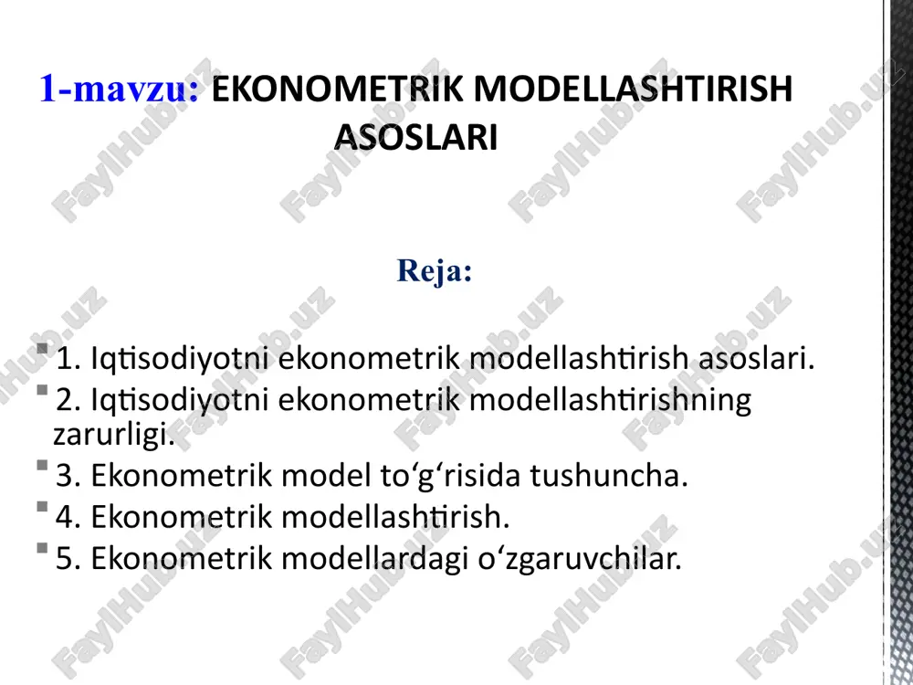 limi, iqtisodiy o‘zgaruvchilar o‘rtasidagi o‘zaro bog‘liqliklarni o‘lchash uchun statistik usullarni ishlab chiqish va qo‘llash bilan shug‘ullanadi” stanley fischer (15 oktyabr 1943, shimoliy rodeziya) - aqsh-isroil va xalqaro iqtisodchi, isroil markaziy banki raisi (2005-2013), aqsh federal rezerv tizimi vitse-prezidenti (2014-2017). obrazets teksta vtoroy uroven tretiy uroven chetvertiy uroven pyatiy uroven 8 “ekonometrika - sifatiy bog‘lanishlarga miqdoriy ifoda berish imkonini beruvchi usullar va modellar yig‘indisini barlashtiradi” ayvazyan sergey artyomovich – fizika-matematika fanlari doktori, professor, possiya federatsiyasi. obrazets teksta vtoroy uroven tretiy uroven chetvertiy uroven pyatiy uroven 9 ekonometrika usullar: regression tahlil, vaqtli qatorlar tahlili, birvaqtli tenglamar sistemasi, statistik tasniflash va o'lchovlarni kamaytirish usullari ilovalar: makrodaraja (milliy iqtisodiyot modeli), mezodaraja (mintaqaviy iqtisodiyot, sohalar, sektorlar modeli), mikrodaraja (iste'molchi xatti-harakati, uy xo‘jaligi, firma, korxona) iqtisodiy nazariya (makro-mikro iqtisodiyot, iqtisody matematika ijtimoiy-iqtisodiy statistika (iqtisodiy tadqiqotlarni olib borish axborot ta’minoti) ehtimollar nazariyasi va matematik statistika asoslari iqtisodiy fanlarning asosiy komponentlari manbalari obrazets teksta vtoroy uroven tretiy uroven …