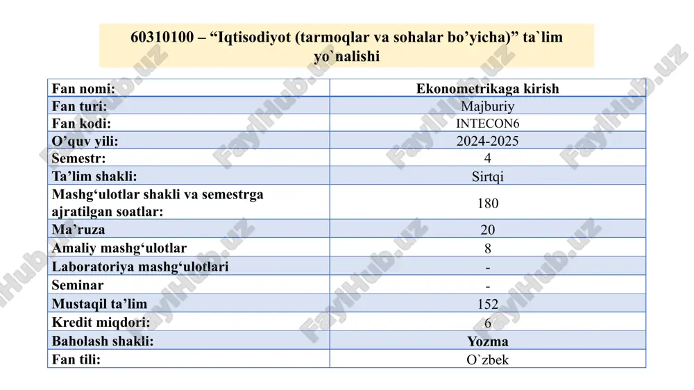 tlarda axborot texnologiyalari 2 mustaqil ta`lim (mt) 152 1. amaliy mashg‘ulotlarga tayyorgarlik ko‘rish, uyga vazifalarni bajarish 30 soat 2. mavzularni o‘quv adabiyotlari yordamida mustaqil o‘zlashtirish 30 soat 3. hemis platformasidagi fan topshiriqlarini bajarish 30 soat 4. mavzular bo‘yicha ilmiy maqola va tezislarni o‘rganish 18 soat 5. mavzular bo‘yicha videomateriallarni o‘rganish 18 soat 6. mavzular bo‘yicha testlar tayyorlash 18 soat 7. berilgan mustaqil ta`lim mavzulariga oid taqdimotlar tayyorlash 8 soat real ko’rsatkichlarni qo’llab, iqtisodiy bog’liqlikni hisoblash usullarini o’rgatuvchi fan ekonometrikadir. so‘zma-so‘z ekonometrika iqtisodiyotni o‘lchashni anglatadi. ushbu termin ikkita so‘z “ekonomika” va “metrika” larning birlashishidan hosil bo‘lgan. grek tilidan tarjima qilganda oikonomos (ekonomist) – bu uy boshqaruvchisi, metrika (metrihe, metron) –o‘lchov ma’nolarini bildiradi. ekonometrikaning predmeti bu iqtisodiy jarayonlar va hodisalarning o‘zaro bogʻliqligini miqdoriy ifodalanishni o‘rganish hisoblanadi ekonometrika boshqa fanlar iqtisodiy hodisalar miqdoriy xarakteristikalar nuqtai nazaridan o‘rganiladi. iqtisodiy qonunlarning amaldagi jarayonlarga mos kelishi tekshiriladi. iqtisodiy nazariya. iqtisodiy hodisalarning sifat jihatlari o‘rganiladi. matematik iqtisodiyot. …