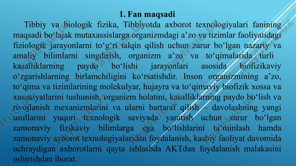 ekulalar, masalan, oqsillar va nukleotidlar, o‘zaro ta’siri va harakatlarini o‘rganish. energiya o‘zgarishlari: biologik jarayonlarda energiya almashinuvi va termodinamik qonunlar. spektroskopiya: biologik molekulalarning xususiyatlarini aniqlash uchun turli xil spektroskopik metodlar. membranalar va transport jarayonlari: hujayra membranalarining struktura va funksiyasi. 1-mavzu. qattiq jismlar va biologik to‘qimalarning mexanik xossalari reja jismlarning deformatsiya qilish usullari kuchlanishning deformatsiya kattaligiga bog‘liqligi 2.biologik to‘qimalarning mexanik xossalari 3.suyakning mexanik xususiyatlari, cho‘zilish kuchi, bosim kuchi va elastikligini tahlil qilish. biomehanika — bu biologik tizimlarning mexanik harakatlarini o‘rganadigan fan. u mushaklar, suyaklar va boshqa biotizimlarning mexanik jihatlarini, shuningdek, ularning harakatlari va kuch ta’sirini analiz qiladi. biomekanikada odam va hayvonlarning harakatini, shuningdek, ularning sport faoliyati, reabilitatsiya va protezlashtirish kabi sohalardagi qo‘llanilishlarini o‘rganish muhimdir. bu fan, eng asosiysi, inson va boshqa organizmlarning harakatlarining optimal shakllarini aniqlashga yordam beradi. jismlarning deformatsiya qilish usullari deformatsiya — bu materiallarning tashqi kuch yoki ta'sirlar natijasida o'zining shaklini, o'lchamini yoki strukturasini o'zgartirishi jarayonidir. bu jarayon fizikada, muhandislikda …