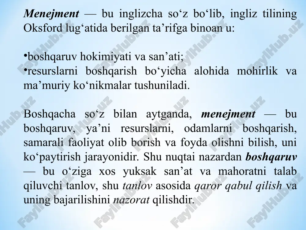 nost. predstavte kajduyu iz osnovnix tem. chtobi predostavit slushatelyam orientir, mojno mojete povtoryat etot obzorniy slayd v xode prezentatsii, videlyaya temu, kotoraya budet obsujdatsya dalee. * ijtimoiy – siyosiy, iqtisodiy muvofiqlashtirishga intilishlar orqali boshqarish san’atini mukammal egallashga hizmat qiluvchi muqaddas ta’limotlar tizimidir . payg’ambarimiz muhammad sollallohu alayhi vasallam u boshqarishning turli shakllarini tahlil qilish asosida boshqarishning universallik prinsipini tadqiq qildi. suqrot (eramizdan avv. 480—397-yillar). platon (eramizdan avvalgi 428—394-yillar) davlat boshqarish shakli klassifikatsiyasini yaratdi. dayte kratkiy obzor prezentatsii. opishite glavnuyu sut prezentatsii i obosnuyte ee vajnost. predstavte kajduyu iz osnovnix tem. chtobi predostavit slushatelyam orientir, mojno mojete povtoryat etot obzorniy slayd v xode prezentatsii, videlyaya temu, kotoraya budet obsujdatsya dalee. * aristotel boshqaruv – quldorlar tomonidan qullarni boshqarish san’ati. konfutsiy davlatni shafqat, sahovat ila boshqarish usulini yatargan. davlatni to’g’ri boshqarmoq uchun hukmdor-hukmdorligicha, amaldor – amaldorligicha, ota – otaligicha, o’g’il – o’g’illigicha qolmog’i lozim. dayte kratkiy obzor prezentatsii. opishite glavnuyu sut prezentatsii …