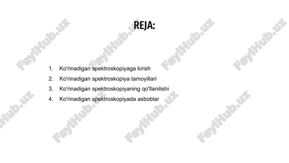 siyasini aniqlash va kimyoviy reaktsiyalarni kuzatish uchun laboratoriyalarda qo'llaniladi. 03 bundan tashqari, ko'rinadigan spektroskopiya oziq-ovqat, farmatsevtika va plastmassa kabi sohalarda sifat nazorati jarayonlarida qo'llaniladi. tarkibdagi har qanday nopokliklar yoki og'ishlarni aniqlash orqali mahsulotlarning mustahkamligi va tozaligini ta'minlaydi. 02 ko'rinadigan spektroskopiyada asboblar ko'rinadigan spektroskopiya ko'rinadigan diapazonda yorug'likning yutilishi va emissiyasini tahlil qilish uchun asboblardan foydalanishni o'z ichiga oladi. ushbu asboblar odatda yorug'lik manbai, namuna ushlagichi va detektordan iborat. yorug'lik manbai har xil to'lqin uzunlikdagi yorug'likni chiqaradi, ular namuna orqali yo'naltiriladi. namuna ma'lum to'lqin uzunliklarini o'zlashtiradi, natijada detektor tomonidan aniqlangan spektr paydo bo'ladi. ko'rinadigan spektroskopiya asboblari murakkabligi bo'yicha farq qilishi mumkin, oddiy spektrofotometrlardan miqdoriy tahlil va ma'lumotlarni qayta ishlash qobiliyatiga ega bo'lgan ilg'or asboblargacha. ko'rinadigan spektroskopiya - ultrabinafsha va infraqizil spektroskopiya o'rtasida joylashgan ko'rinadigan diapazonda yorug'likning yutilishi yoki emissiyasi asosida birikmalarni tahlil qilish uchun ishlatiladigan ko'p qirrali usul. ko'rinadigan spektroskopiyaning afzalliklari va cheklovlari afzalliklardan biri uning qulayligidir, chunki ko'rinadigan yorug'lik tabiatda juda …
