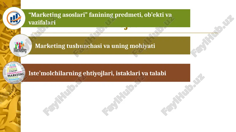 lab beruvchi haqiqiy falsafadir. bugungi kunda marketing bo‘limining bir o‘zi mijozlar bilan foydali munosabatlarni shakllantira olmaydi, marketing faoliyati bilan korxonaning barcha bo‘limlari va jamoasi shug‘ullanishi kerak. marketing korxona tomonidan qabul qilinadigan quyidagi qarorlarga asosiy ta’sir o‘tkazadi: korxona o‘z mijozlari sifatida kimlarni ko‘rishni hohlaydi; u mijozlarni qanday ehtiyojlarini qondirishni hohlaydi o‘zini mijozlarini qanday mahsulotlarni va xizmatlarni taklif etmoqchi o‘zining mahsulotlari va xizmatlariga qanday narxlarni belgilamoqchi o‘zining mijozlariga qanday murojaatlarni yo‘llashni va ulardan qanday murojaatlarni olishni hohlaydi shuningdek, ular bilan qanday hamkorlik munosabatlarini o‘rnatishni hohlaydi iqtisodiyot, biznes va tijorat sohasi bo‘yicha tayorlanayotgan mutaxassisliklar uchun “marketing asoslari”- bozor faoliyatining uslubiy asoslarini o‘rganadigan asosiy fandir. marketing avvalo, uni o‘rganuvchilarni bozor faoliyati tizimi sifatida jalb etadi. u korxonalarning bozordagi harakati va holatini o‘rganadi. “marketing” – bu faol assortiment siyosatini, narx, oldi-sotdi, reklama, iste’molchilarni o‘rganish, tomonlar bilan munosabatlarga kirishish, tijorat qaltisligi va raqobatchilarni o‘rganadigan fandir. “marketing” fani shu bilan bir qatorda iste’molchi xulqini modellashtirish, tovar sifatini, …
