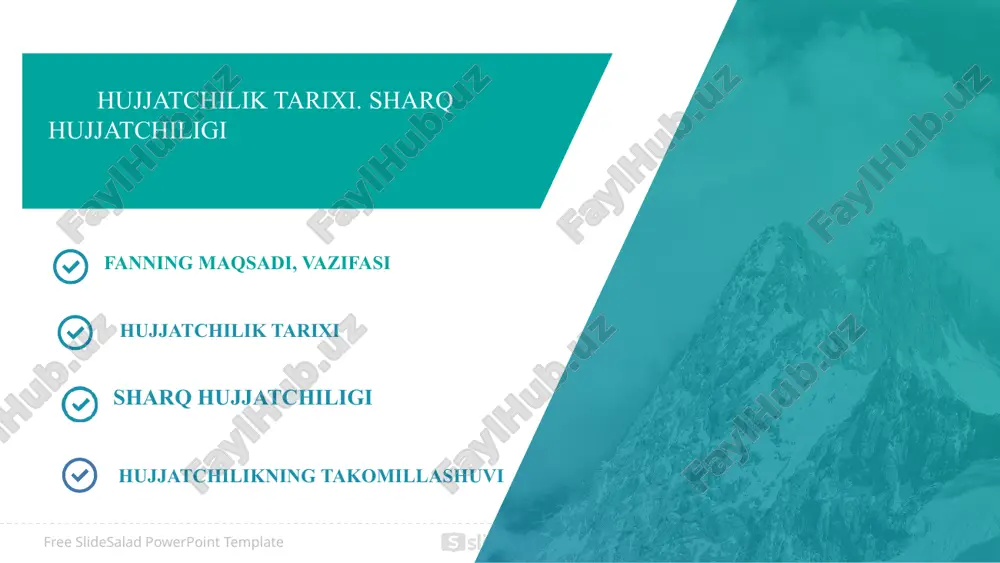 hujjat” arabcha so‘z bo‘lib, qayd qilish, tasdiqlash ma’nosini bildiradi. shuningdek, u ijtimoiy tarixiy ahamiyatga ega bo‘lgan yozuv va suratlar, asar yoki adabiyot ma’nosini ham ifodalaydi. m.qoshg‘ariyning “devonu lug‘otit turk” asarida “bushug‘” so‘zi uchraydi. u elchiga qaytib ketish uchun beriladigan ijozat qog‘ozi, shuningdek, elchilarga beriladigan sovg‘a ma’nolarini bildiradi. yusuf xos hojibning “qutadg‘u bilik” asarida yorliq va noma ma’nosi o‘rnida “bildargulik” so‘zi ishlatilgan. hozirgi kunda faol qo‘llanishga o‘tgan “bildirishnoma”, “bildirish”, “bildirgi” shu so‘zdan olingan. sho‘rolar davrida bu so‘z “raport” deb yuritilardi. copyright (c) slidesalad.com all rights reserved. free slidesalad powerpoint template 6 tarixda bobil shohi hammurapining va shoh ur-nammuning qonunlar majmui eng qadimgi va nodir hujjatlar namunasi sifatida mashhurdir. hammurapining buyrug‘i bilan tayyorlangan qonunlar majmuasi mavjudligi haqida amerikalik sharqshunos edvard kira asarida ma’lumot beradi. qonun majmuasi 247 moddadan iborat bo‘lib, u basalt ustuniga qadimgi mixxat bilan yozilgan. qonunda yerga egalik, savdo-sotiq, iqtisodiy-ijtimoiy munosabatlar aks etgan. bobil hozirgi iroqning janubiga to‘g‘ri keladi. copyright …