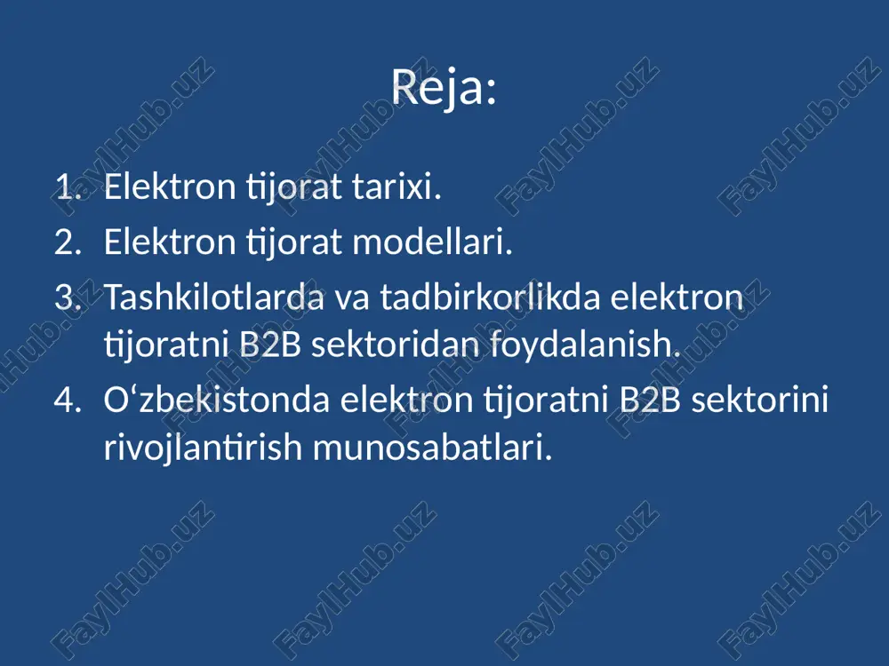shu jumladan kichik va o'rta biznesning huquqiy va iqtisodiy savodxonligini oshirish; biznesni yangi texnologiyalar, xizmatlar va yangi ish o'rinlarini yaratish va joriy etishga yo'naltirilgan dasturlarni ishlab chiqish, amalga oshirish va tashabbuslarni qo'llab-quvvatlashga ko'maklashish; tadbirkorlik faoliyati jarayonida yuzaga kelishi mumkin bo'lgan huquqiy va iqtisodiy muammolarni to'g'ri hal qilishda amaliy yordam ko'rsatish. elektron tijorat - bu kompyuter tarmoqlari yordamida amalga oshiriladigan barcha moliyaviy va savdo operatsiyalarini va shu kabi operatsiyalar bilan bog'liq bo'lgan biznes jarayonlarini o'z ichiga oladigan iqtisodiyot sohasidir. elektron tijorat quyidagi klasifikassiyalarni o'z ichiga oladi: tijorat tashkilotlari b2b (business-to-business) b2c (business-to-consumer) b2e (business-to-employee) iste'molchilar c2a (consumer-to-administration) c2b (consumer-to-business) c2c (consumer-to consumer) ma'muriyat g2g (government-to-administration) g2b (government-to-business) g2c (government-to-consumer) b2c yoki sxemasi biznes-iste'molchi bunday holda, kompaniya allaqachon mijoz bilan to'g'ridan-to'g'ri savdo qiladi (yuridik shaxs emas, balki jismoniy shaxs). qoidaga ko'ra, bu erda biz tovarlarning chakana savdosi haqida gapiramiz. to'g'ri mahsulotni tanlash uchun u do'konga borishi shart emas: etkazib beruvchining veb-saytidagi texnik …