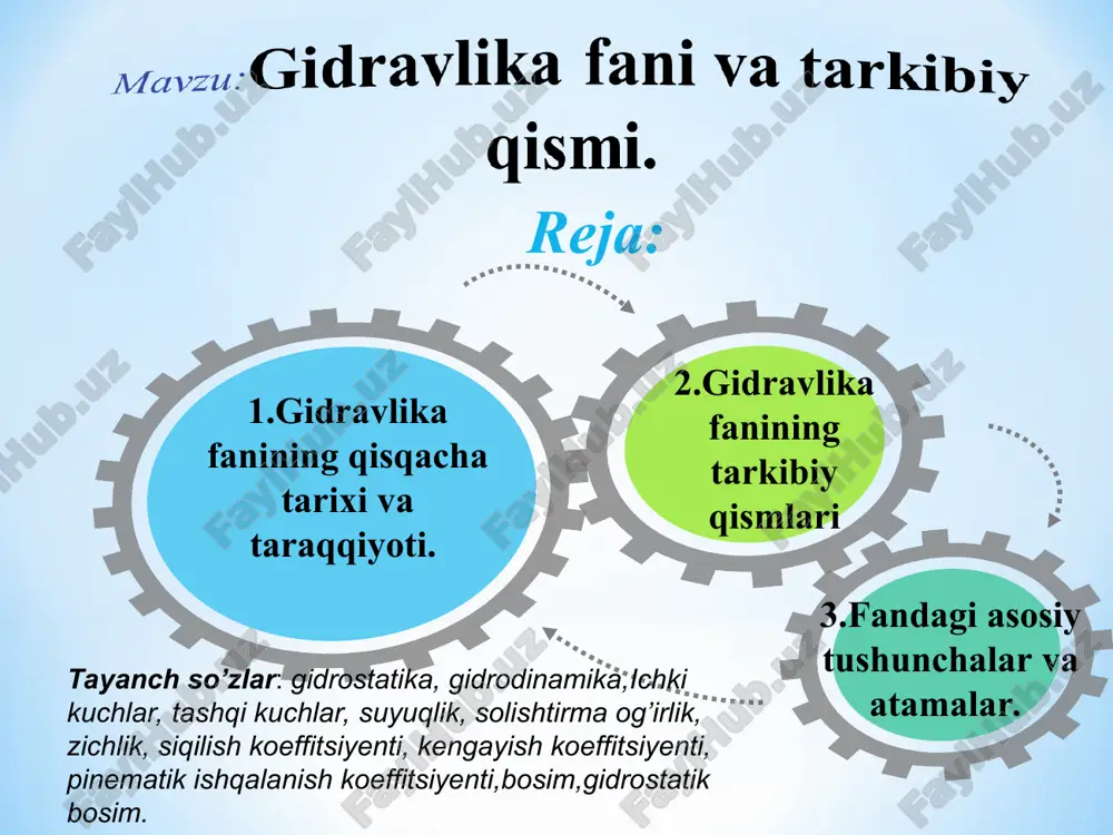 gi inshootlarning gidravlik hisobini o’rgatish, amaliyotda tadbiq etish ko’nikmasini hosil qilishdan iborat. gidravlika fani maqsadga yerishish uchun fan talabalarni nazariy bilimlar, amaliy ko’nikmalar, gidravlik jarayonlani baholashda uslubiy yondashuv hamda ilmiy dunyo qarashni shakllantirish vazifalarini bajaradi. 1.gidravlika fanining qisqacha tarixi va taraqqiyoti. gidravlika fani ona tabiatimizning eng oliy ne‘matlaridan biri - suyuqlik deb ataluvchi fizik jism haqida, uning hozirgacha ma‘lum qonuniyatlari haqida ma‘lumot beradi. “mintaqaning yana bir muammosi suvni muhofaza qilish va tejash tadbirlari majm uini amalga oshlrisit zaruriyatl bilan bog 'liqdir. bu tadbirlar suvning isrof bolishini eng kam darajaga keltirishni... o'z ichiga oladi”. i.a.karimov cidravlika fani o’z navbatida suyuqliklar statikasi - «gidrostatika» va suyuqliklar dinamikasi- «gidrodinamika» bo’limlarga bo’linib, ikkinchi bo’lim – suyuqliklar kinematikasi ni ham o’z ichiga oladi. * gidravlikaning fan sifatida shakllanishiga o‘z hissasini qo‘shgan olimlar. asrlarda shezi, darsi, bussinesk, veysbax va boshqa olimlarning ishlari hozirgi zamonda gidravlika deb ataluvchi amaliy fannning asosi bo‘ldi. asrlarda yashagan buyuk matematik mexanik …