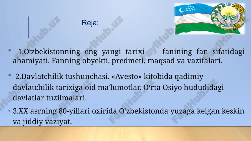 istonning jahon hamjamiyatida munosib o‘rni olishi kabi masalalar – bu bosqichdagi o‘zbekiston tarixining mazmunini tashkil etadi. 4 fanni o’rganishning nazariy-uslubiy asoslari. birinchi prezident i.karimov asarlari darsliklar, mutahasislar asarlari, ilmiy to’plamlar o’zbekiston respublikasi konstitutsiyasi qonunlar, qarorlar, farmon va farmoyishlar prezident sh. mirziyoev nutq va ma’ruzalari o'zbekistonning eng yangi tarixini davrlashtirish o'zbekiston tarixini davrlashtirishning bir necha usullari mavjud. arxeologik davrlashtirish, tarixiy davrlashtirish, asosiy ishlab chiqaruvchi kuchlar va ishlab chiqarish usuliga ko'ra davrlashtirish, sulolaviy davrlashtirish va boshqalar davrlashtirish mustaqillik arafasida sobiq sovet davlatining ijtimoiy-iqtisodiy, siyosiy, mafkuraviy va madaniy rivojlanishi.qayta qurish. paxta ishi. milliy o'zlikni anglash o'zbekistonda davlat mustaqilligining qo'lga kiritilishi o'zbek modeli o'tish davri o'zbekistonda davlat hokimiyatining shakllantirilishi 1991-2016 yillardagi umumiy tarixiy vaziyat 2016 yil va yangi o'zbekiston jamiyatini qurish yo'lidagi islohotlar 2017-2021 yillarda o'zbekiston respublikasini rivojlantirishning beshta ustuvor yo'nalishlari bo'yicha harakatlar strategiyasi birinchi bosqich 1991-2000 - yillarni o‘z ichiga olib, bu davrda mustaqillikning mustahkam poydevori bunyod etilib, “o‘zbek modeli” asosida ijtimoiy-iqtisodiy taraqqiyot …