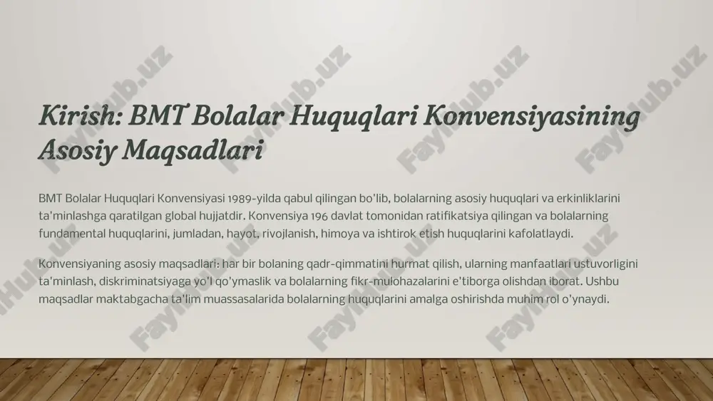 tabgacha ta'lim muassasalarida bolaning huquqlari maktabgacha ta'lim muassasalarida bolalarning huquqlari quyidagilar bilan ta'minlanadi: sifatli ta'lim olish huquqi: har bir bolaning zamonaviy metodlar asosida sifatli ta'lim olishi. xavfsiz va qulay muhit: bolalar uchun xavfsiz, qulay va sog'lom muhit yaratish. shaxsiy qadr-qimmatga hurmat: har bir bolaning shaxsiy qadr-qimmatini hurmat qilish va ularga munosib munosabatda bo'lish. individual rivojlanish imkoniyatlari: har bir bolaning individual ehtiyojlarini hisobga olgan holda, ularning rivojlanishi uchun imkoniyatlar yaratish. 4 bolalarning ijtimoiy huquqlari bolalarning ijtimoiy huquqlari ularning jamiyatda to'laqonli ishtirok etishini ta'minlaydi. bu huquqlar quyidagilarni o'z ichiga oladi: ijtimoiy himoya va qo'llab-quvvatlash: bolalarni ijtimoiy xavf-xatarlardan himoya qilish va ularga zarur yordam ko'rsatish. sog'lom o'sish va rivojlanish: bolalarning sog'lom o'sishi va rivojlanishi uchun tibbiy xizmatlar va sog'lom turmush tarzini ta'minlash. mehnatdan himoya qilinish: bolalarning ekspluatatsiya qilinishiga yo'l qo'ymaslik va ularni mehnatdan himoya qilish. ijtimoiy ta'minotga ega bo'lish: bolalarning ijtimoiy ta'minotga bo'lgan huquqlarini ta'minlash, jumladan, moddiy yordam va boshqa ijtimoiy xizmatlar. 5 …